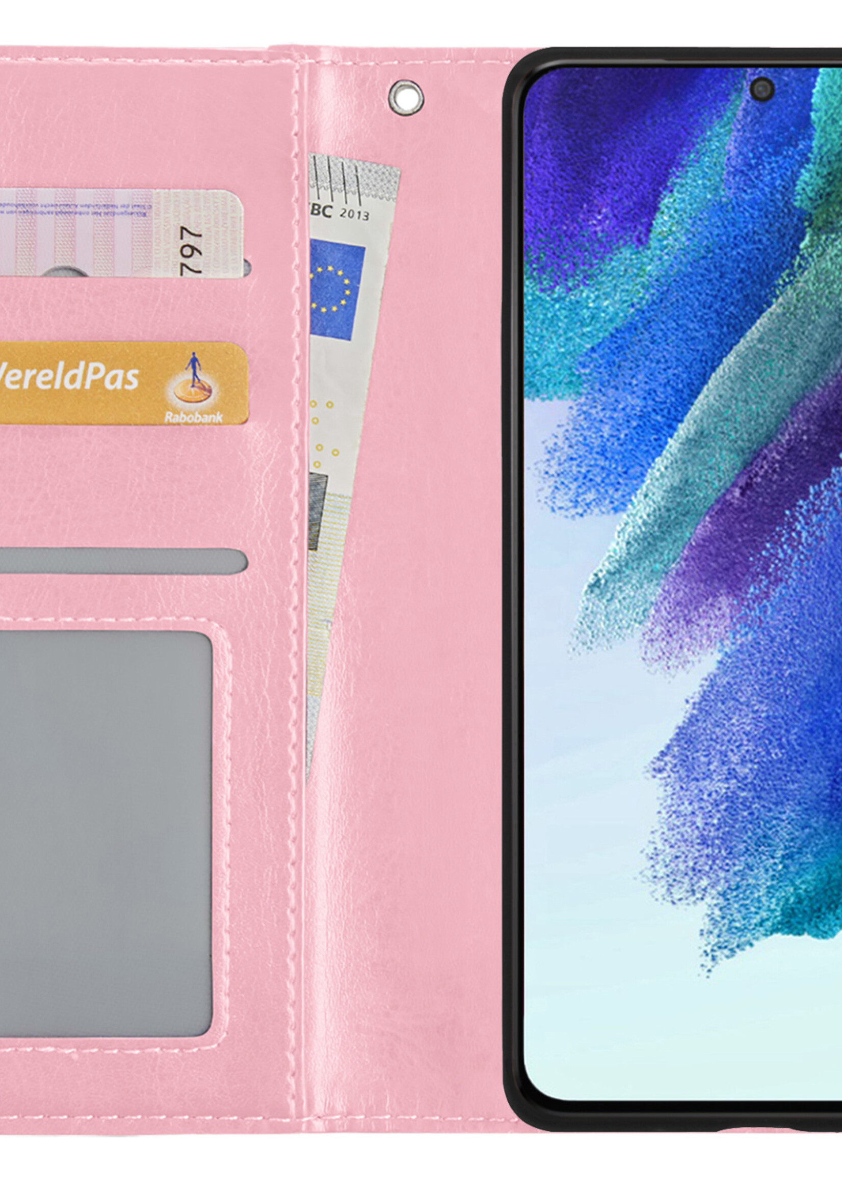 BTH Hoesje Geschikt voor Samsung S21 FE Hoesje Book Case Hoes Portemonnee Cover Walletcase Met Screenprotector - Hoes Geschikt voor Samsung Galaxy S21 FE Hoes Bookcase Hoesje - Lichtroze