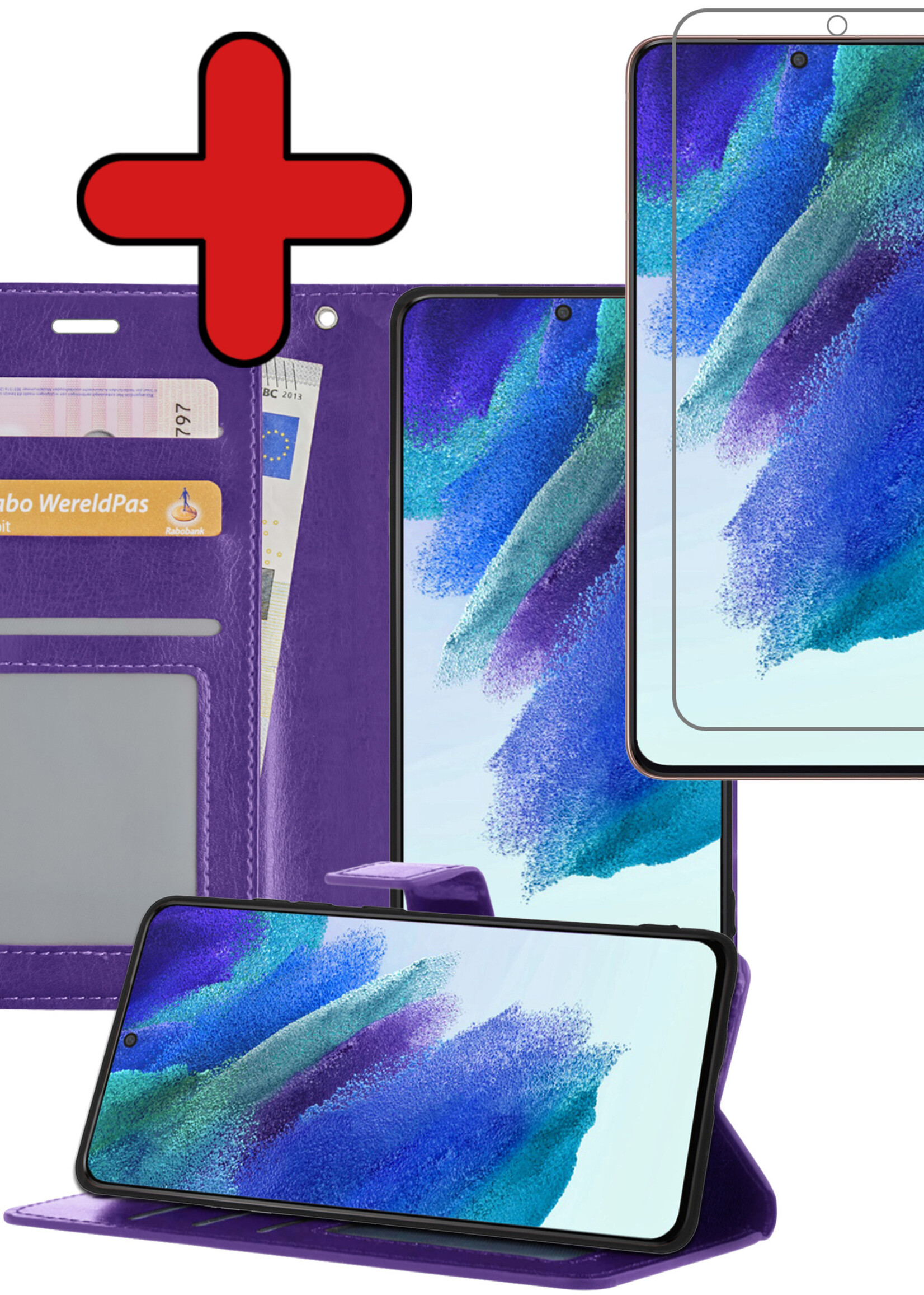 BTH Hoesje Geschikt voor Samsung S21 FE Hoesje Book Case Hoes Portemonnee Cover Walletcase Met Screenprotector - Hoes Geschikt voor Samsung Galaxy S21 FE Hoes Bookcase Hoesje - Paars