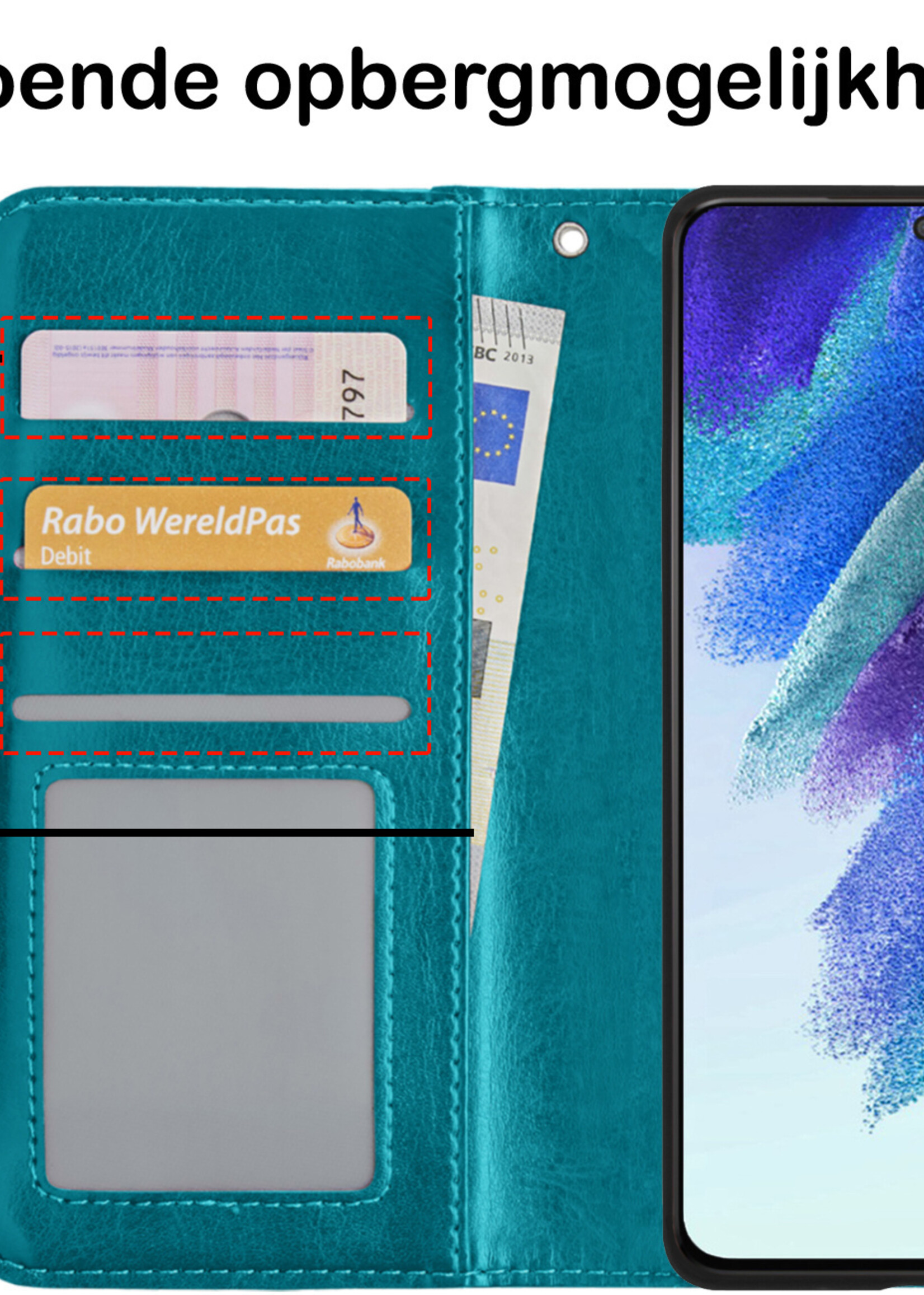 BTH Hoesje Geschikt voor Samsung S21 FE Hoesje Book Case Hoes Portemonnee Cover Walletcase Met Screenprotector - Hoes Geschikt voor Samsung Galaxy S21 FE Hoes Bookcase Hoesje - Turquoise