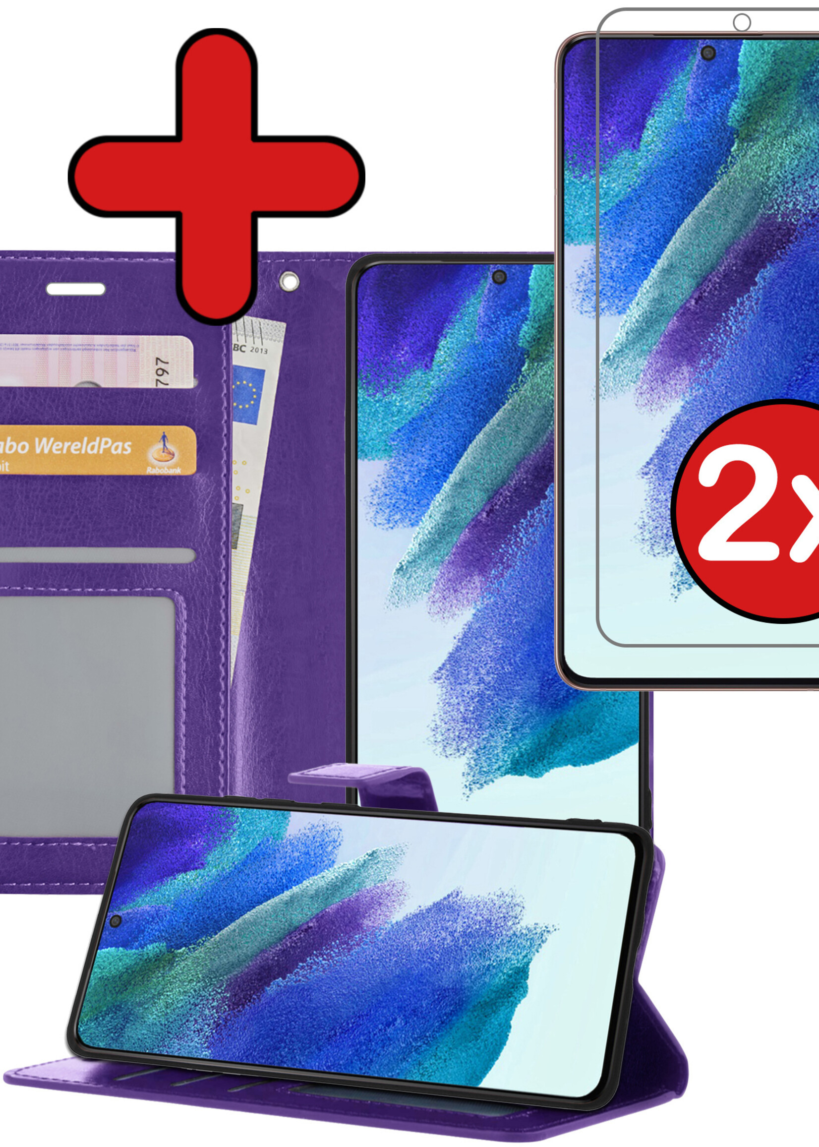 BTH Hoesje Geschikt voor Samsung S21 FE Hoesje Book Case Hoes Portemonnee Cover Walletcase Met 2x Screenprotector - Hoes Geschikt voor Samsung Galaxy S21 FE Hoes Bookcase Hoesje - Paars