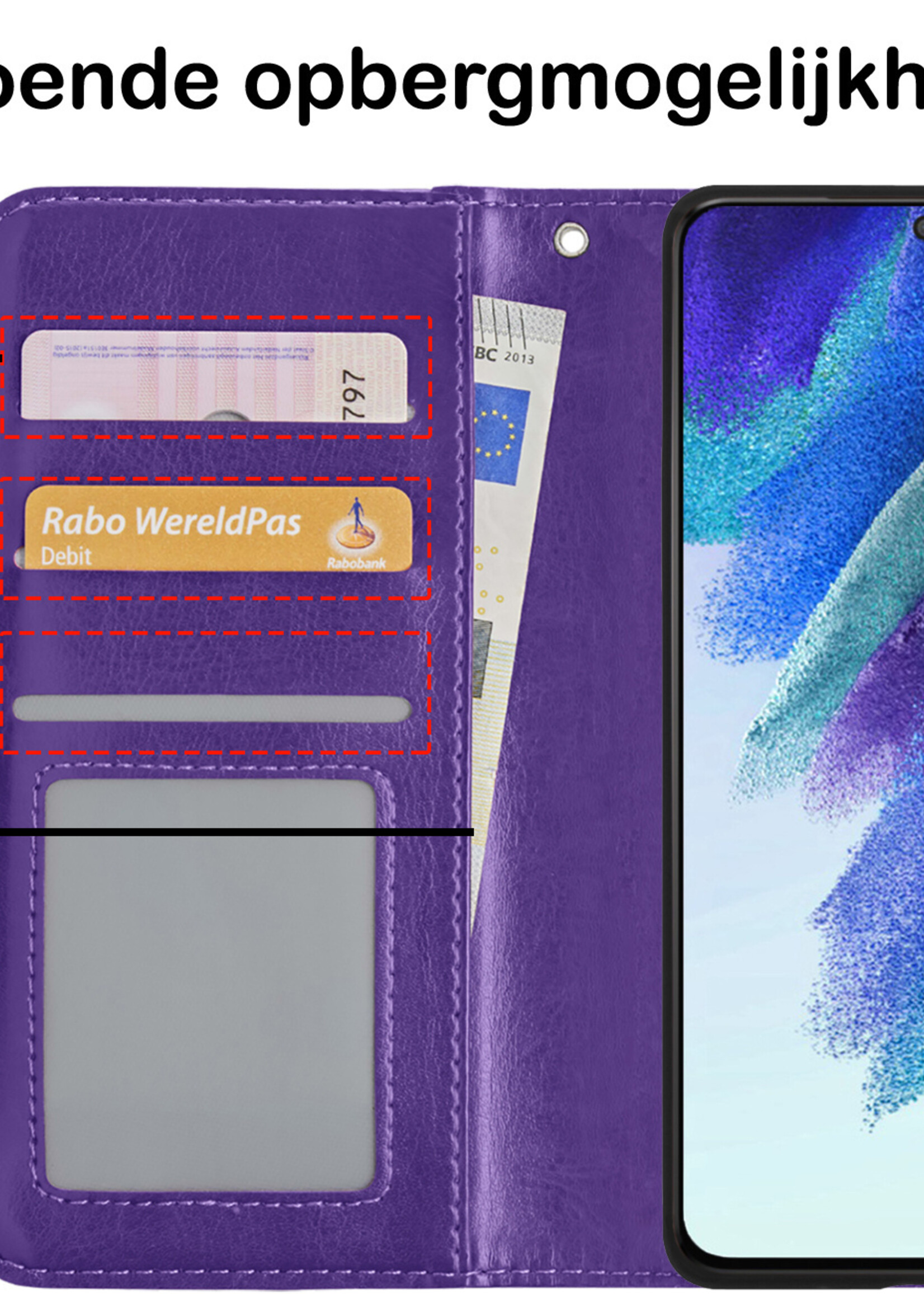BTH Hoesje Geschikt voor Samsung S21 FE Hoesje Book Case Hoes Portemonnee Cover Walletcase Met 2x Screenprotector - Hoes Geschikt voor Samsung Galaxy S21 FE Hoes Bookcase Hoesje - Paars
