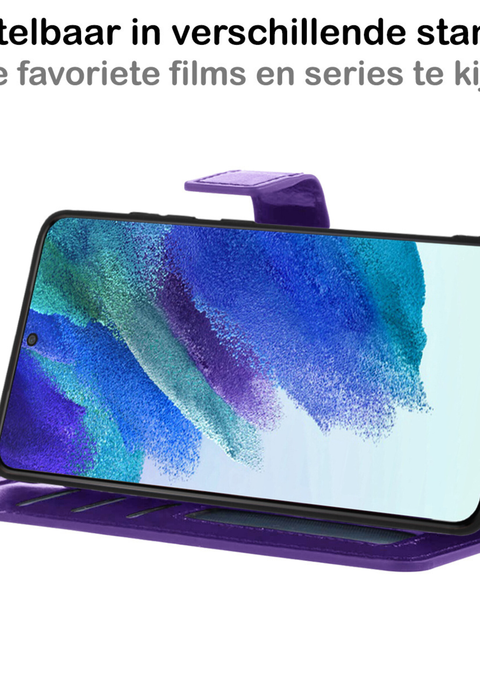 BTH Hoesje Geschikt voor Samsung S21 FE Hoesje Book Case Hoes Portemonnee Cover Walletcase Met 2x Screenprotector - Hoes Geschikt voor Samsung Galaxy S21 FE Hoes Bookcase Hoesje - Paars