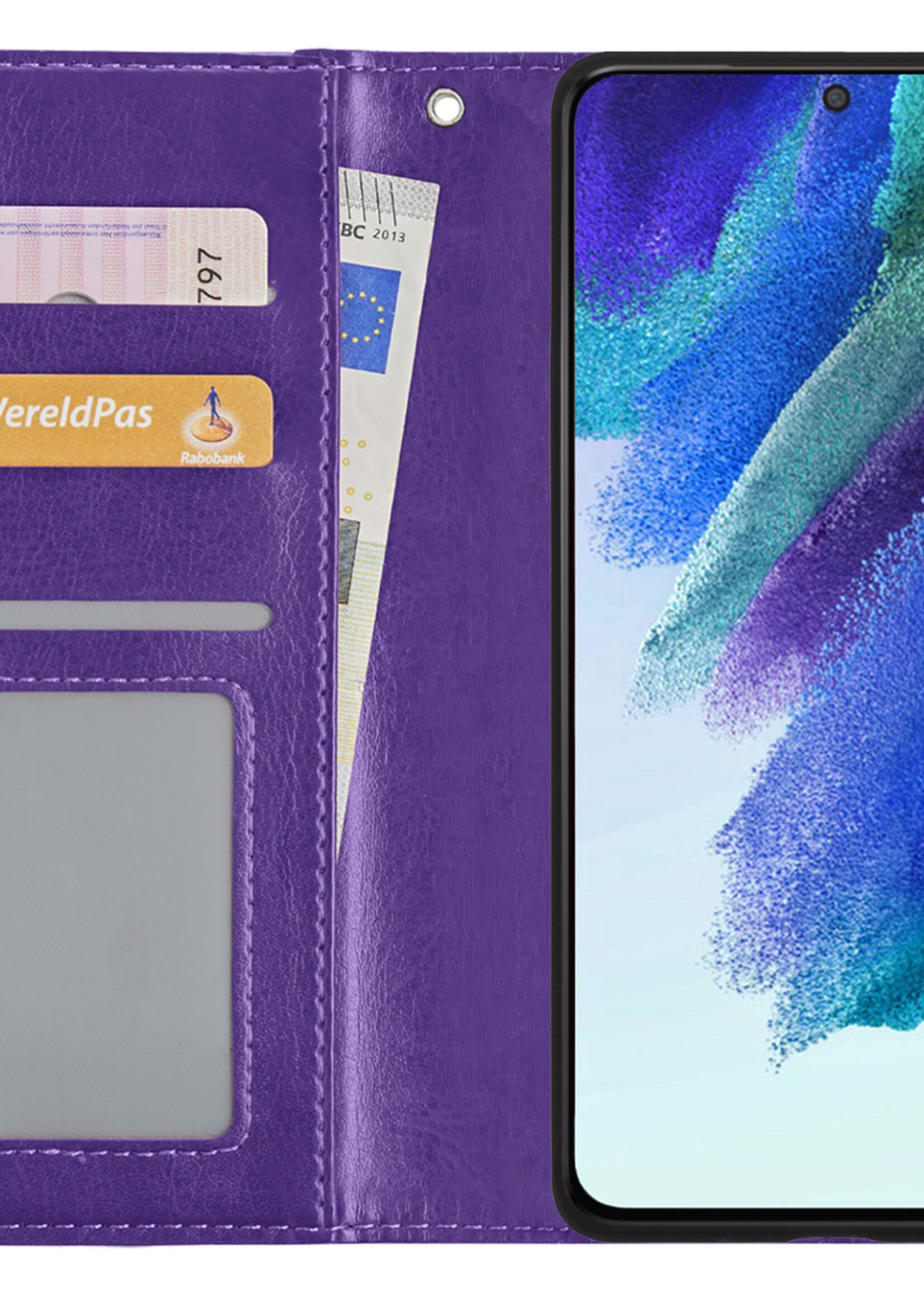 BTH Hoesje Geschikt voor Samsung S21 FE Hoesje Book Case Hoes Portemonnee Cover Walletcase Met 2x Screenprotector - Hoes Geschikt voor Samsung Galaxy S21 FE Hoes Bookcase Hoesje - Paars