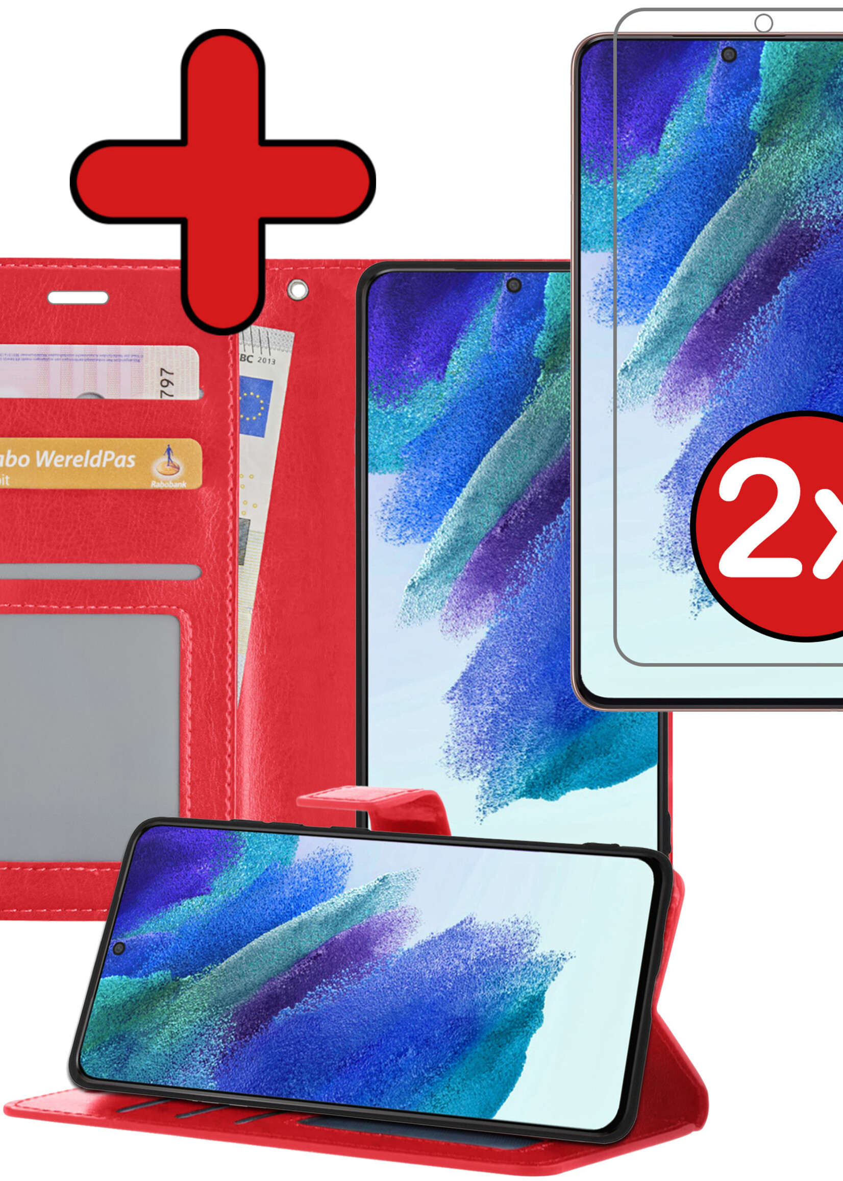 BTH Hoesje Geschikt voor Samsung S21 FE Hoesje Book Case Hoes Portemonnee Cover Walletcase Met 2x Screenprotector - Hoes Geschikt voor Samsung Galaxy S21 FE Hoes Bookcase Hoesje - Rood
