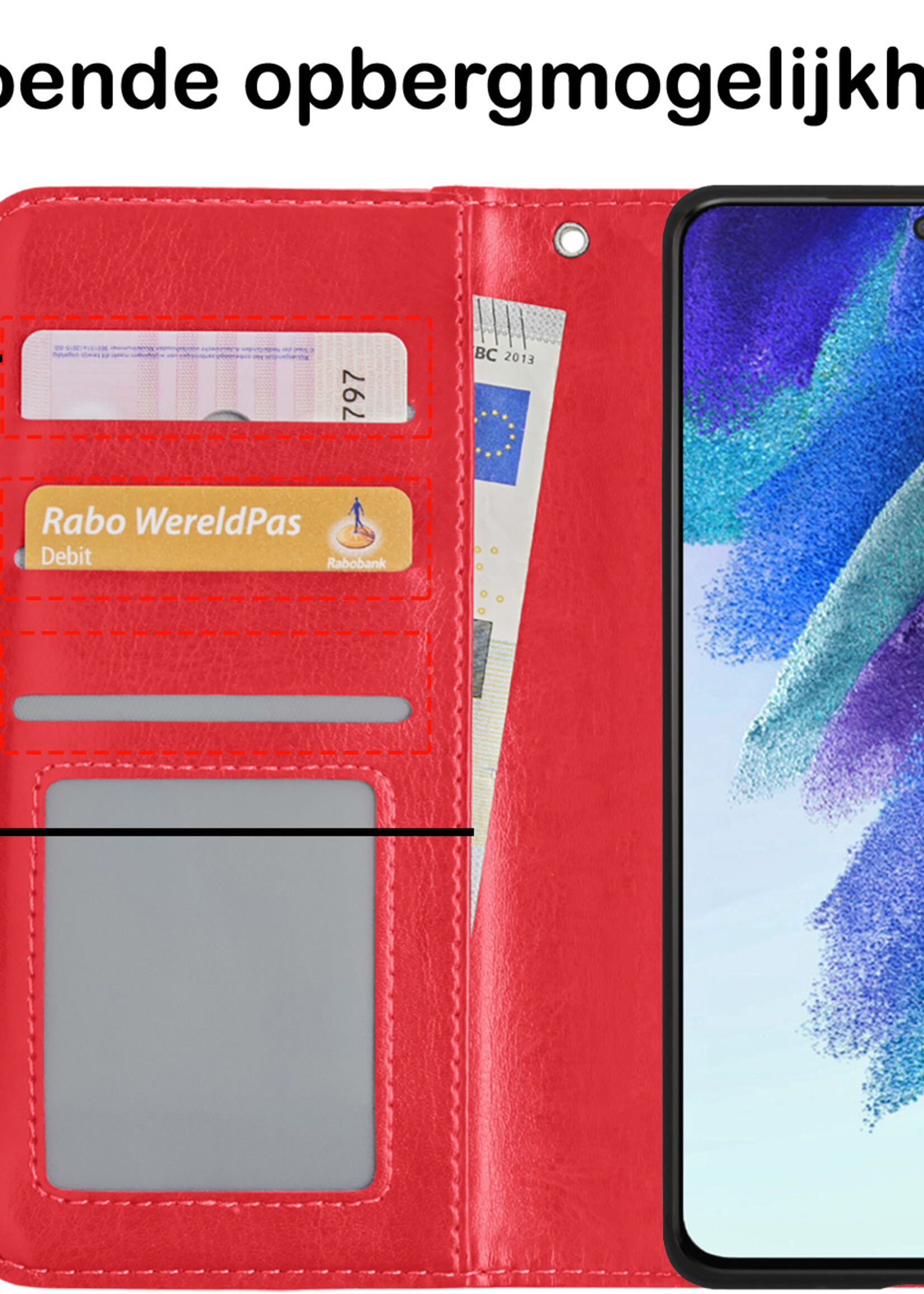 BTH Hoesje Geschikt voor Samsung S21 FE Hoesje Book Case Hoes Portemonnee Cover Walletcase Met 2x Screenprotector - Hoes Geschikt voor Samsung Galaxy S21 FE Hoes Bookcase Hoesje - Rood