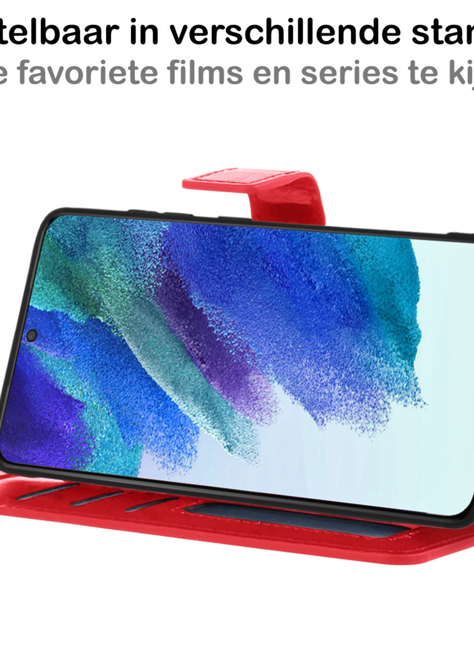 BTH Hoesje Geschikt voor Samsung S21 FE Hoesje Book Case Hoes Portemonnee Cover Walletcase Met 2x Screenprotector - Hoes Geschikt voor Samsung Galaxy S21 FE Hoes Bookcase Hoesje - Rood