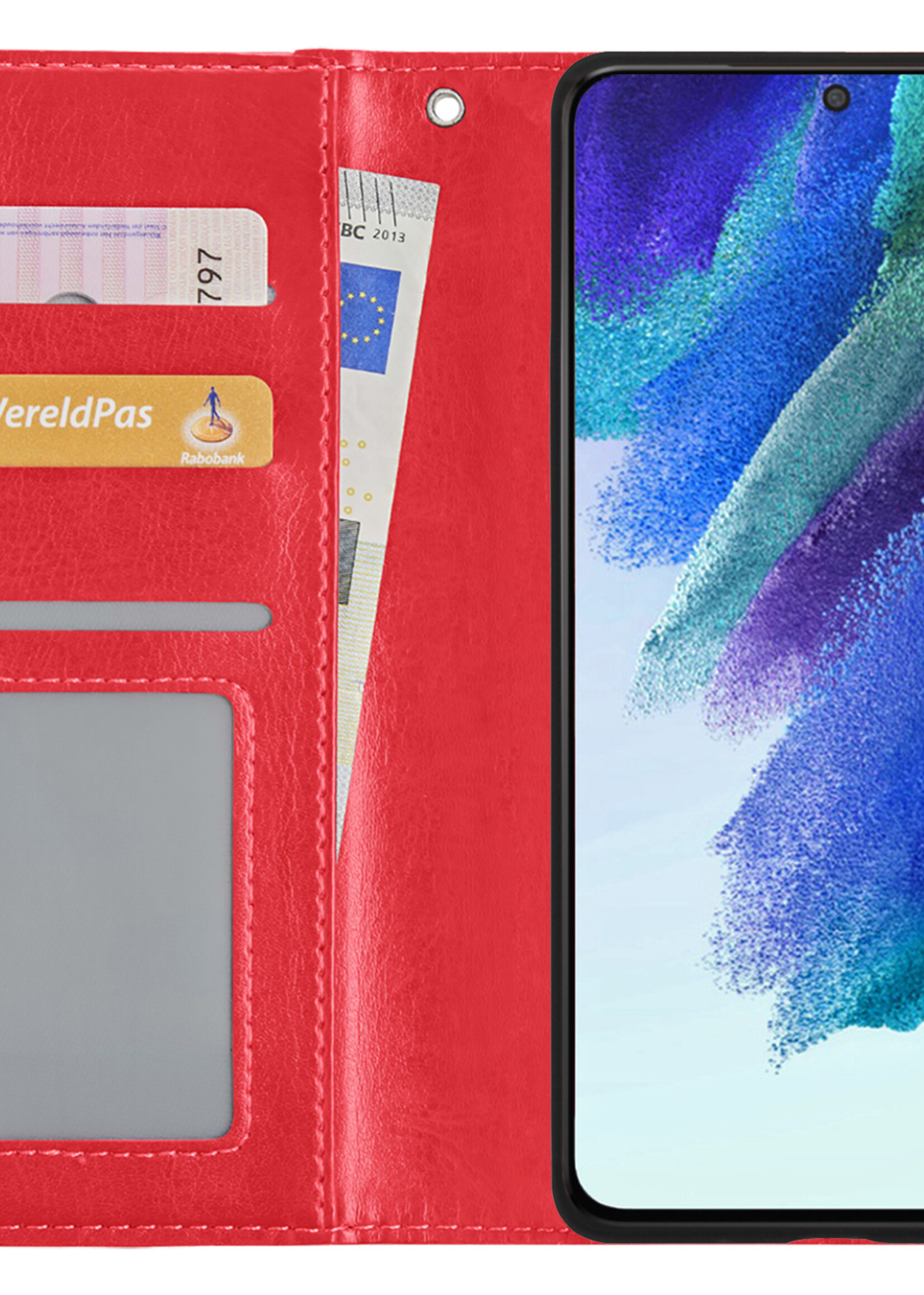 BTH Hoesje Geschikt voor Samsung S21 FE Hoesje Book Case Hoes Portemonnee Cover Walletcase Met 2x Screenprotector - Hoes Geschikt voor Samsung Galaxy S21 FE Hoes Bookcase Hoesje - Rood