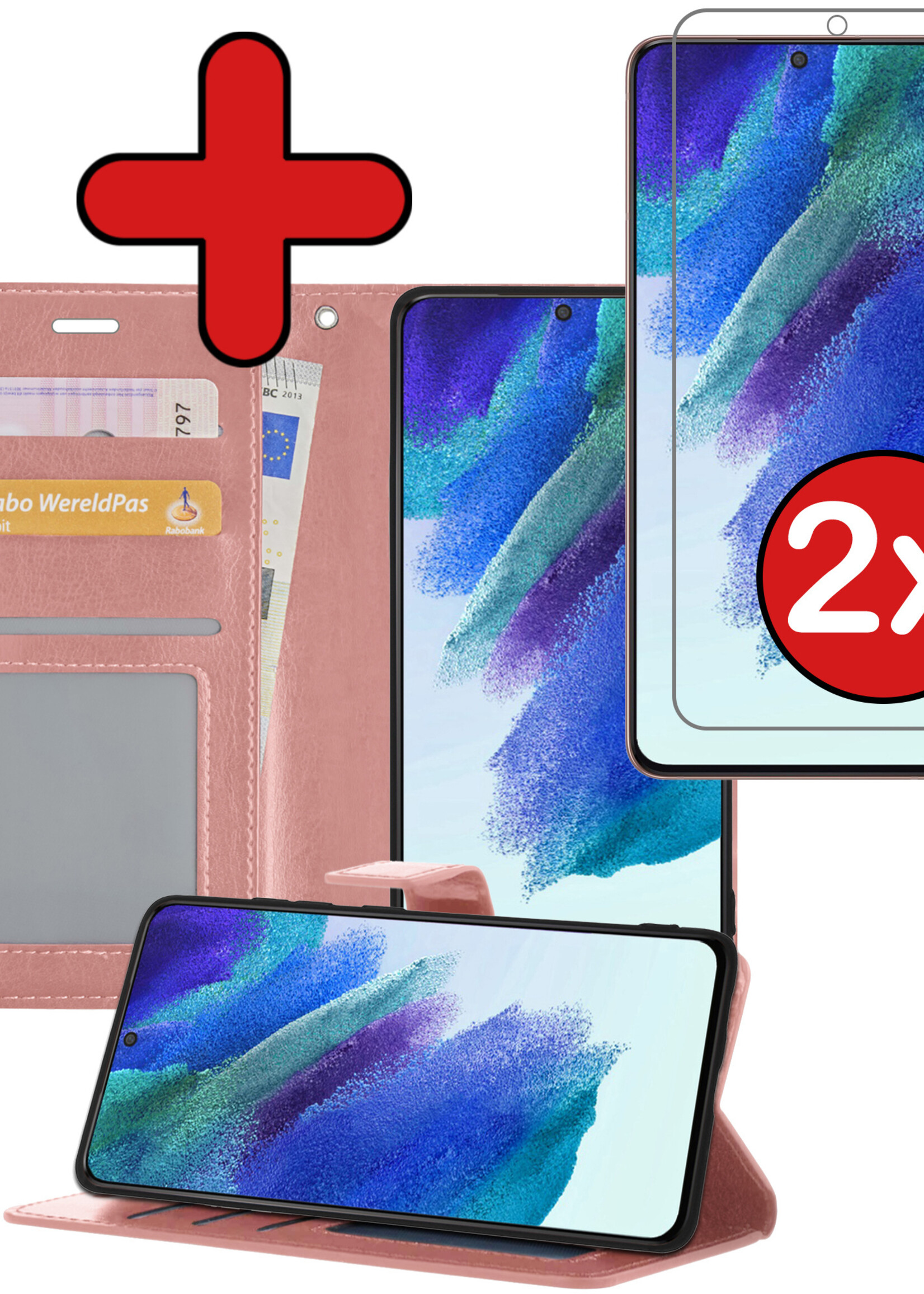 BTH Hoesje Geschikt voor Samsung S21 FE Hoesje Book Case Hoes Portemonnee Cover Walletcase Met 2x Screenprotector - Hoes Geschikt voor Samsung Galaxy S21 FE Hoes Bookcase Hoesje - Rosé goud