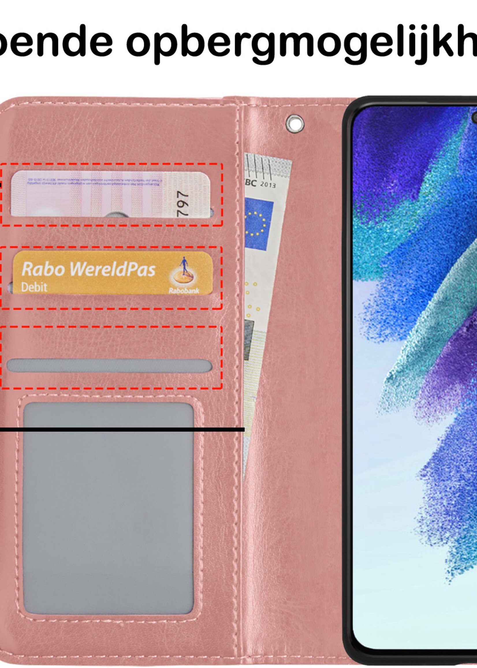 BTH Hoesje Geschikt voor Samsung S21 FE Hoesje Book Case Hoes Portemonnee Cover Walletcase Met 2x Screenprotector - Hoes Geschikt voor Samsung Galaxy S21 FE Hoes Bookcase Hoesje - Rosé goud