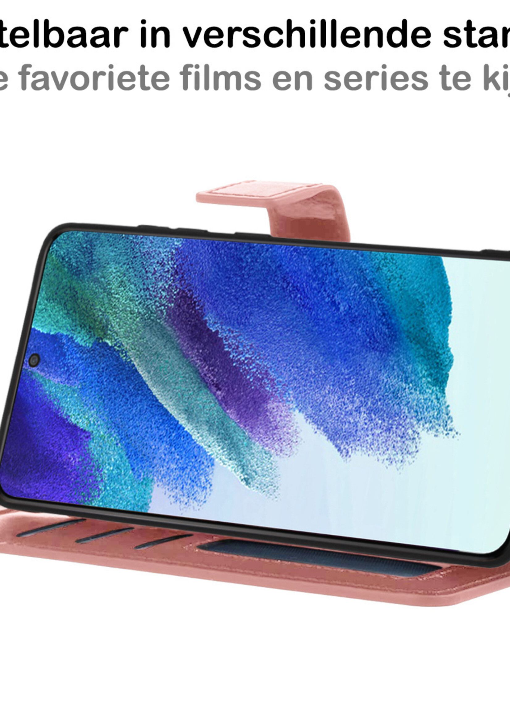 BTH Hoesje Geschikt voor Samsung S21 FE Hoesje Book Case Hoes Portemonnee Cover Walletcase Met 2x Screenprotector - Hoes Geschikt voor Samsung Galaxy S21 FE Hoes Bookcase Hoesje - Rosé goud