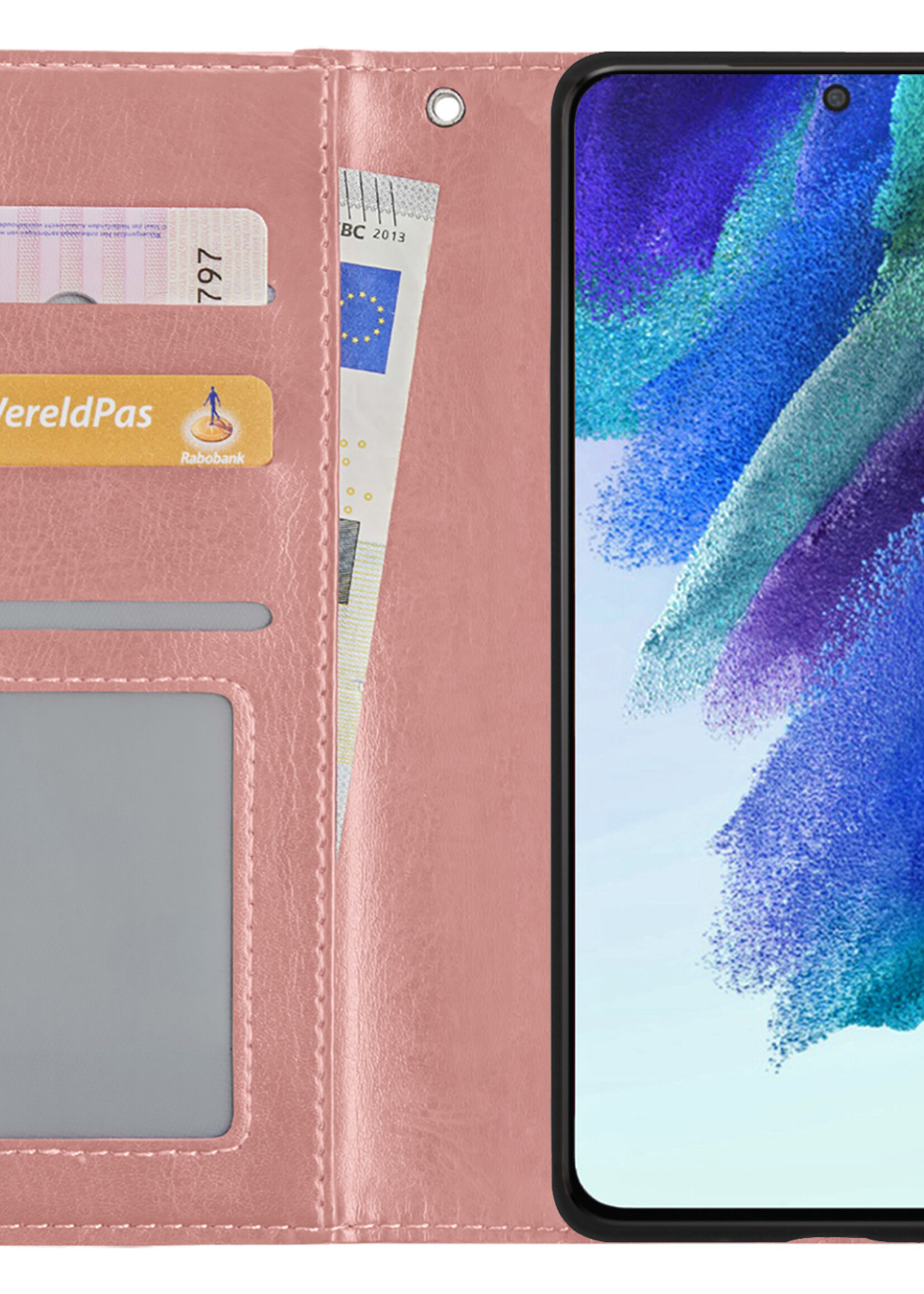 BTH Hoesje Geschikt voor Samsung S21 FE Hoesje Book Case Hoes Portemonnee Cover Walletcase Met 2x Screenprotector - Hoes Geschikt voor Samsung Galaxy S21 FE Hoes Bookcase Hoesje - Rosé goud