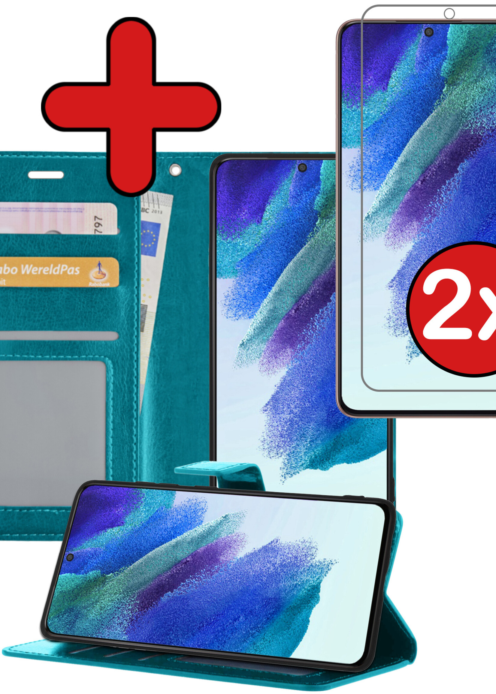 BTH Hoesje Geschikt voor Samsung S21 FE Hoesje Book Case Hoes Portemonnee Cover Walletcase Met 2x Screenprotector - Hoes Geschikt voor Samsung Galaxy S21 FE Hoes Bookcase Hoesje - Turquoise