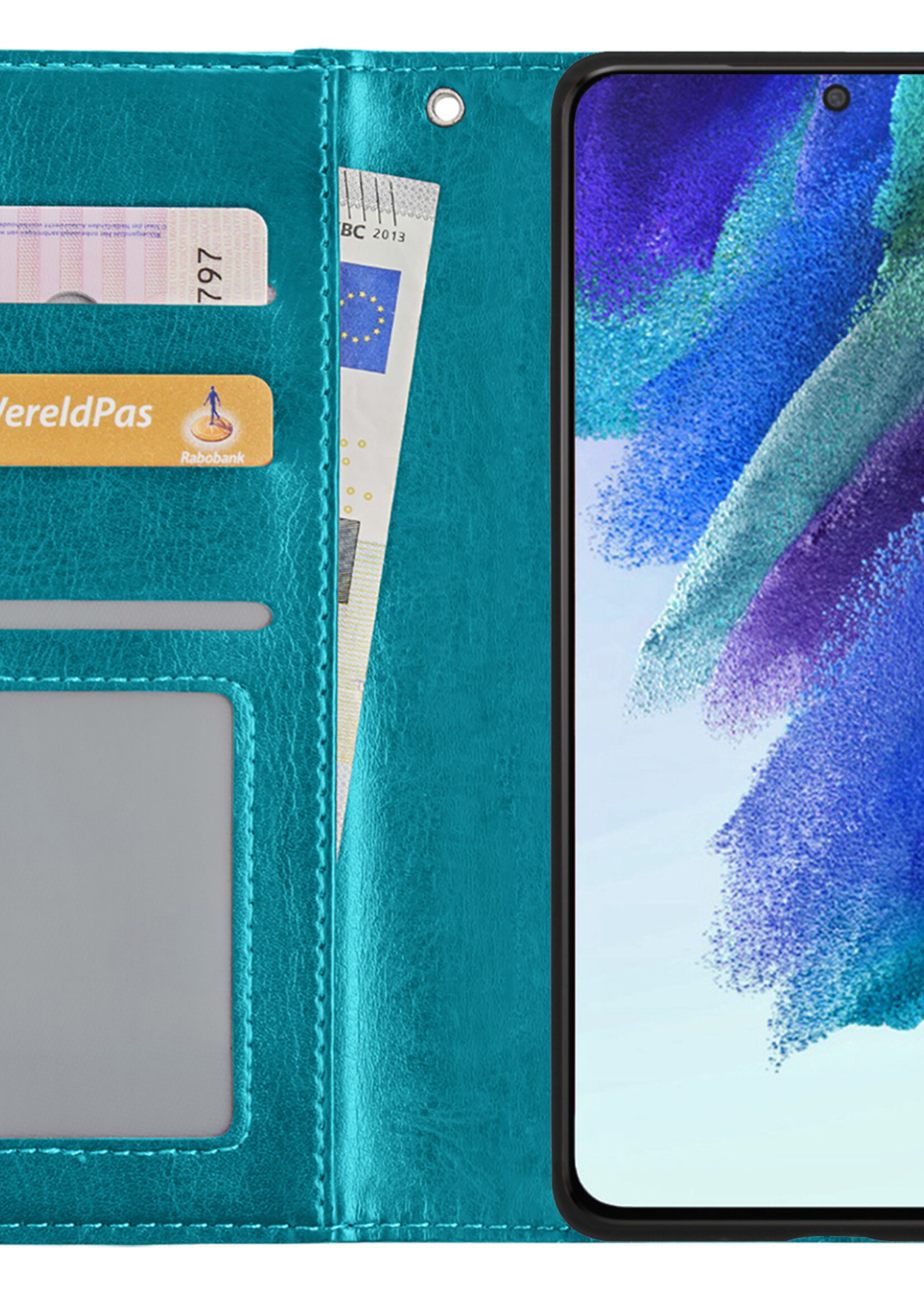BTH Hoesje Geschikt voor Samsung S21 FE Hoesje Book Case Hoes Portemonnee Cover Walletcase Met 2x Screenprotector - Hoes Geschikt voor Samsung Galaxy S21 FE Hoes Bookcase Hoesje - Turquoise