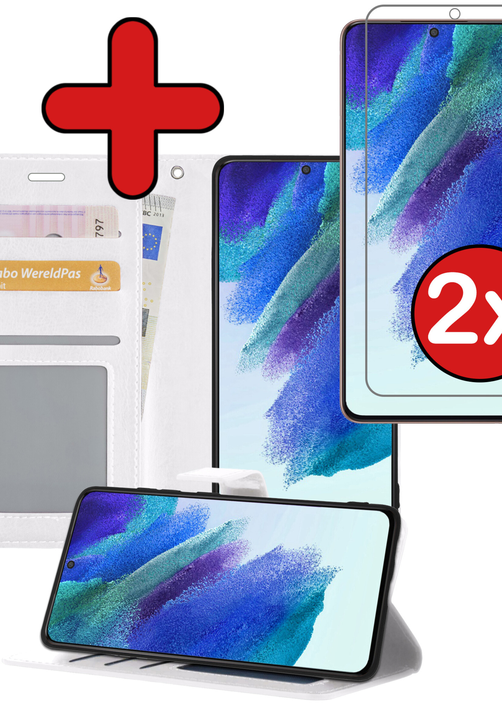 BTH Hoesje Geschikt voor Samsung S21 FE Hoesje Book Case Hoes Portemonnee Cover Walletcase Met 2x Screenprotector - Hoes Geschikt voor Samsung Galaxy S21 FE Hoes Bookcase Hoesje - Wit