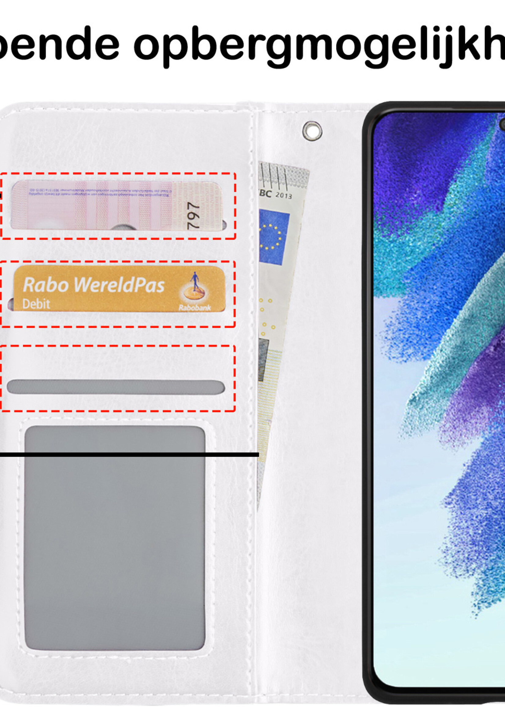 BTH Hoesje Geschikt voor Samsung S21 FE Hoesje Book Case Hoes Portemonnee Cover Walletcase Met 2x Screenprotector - Hoes Geschikt voor Samsung Galaxy S21 FE Hoes Bookcase Hoesje - Wit