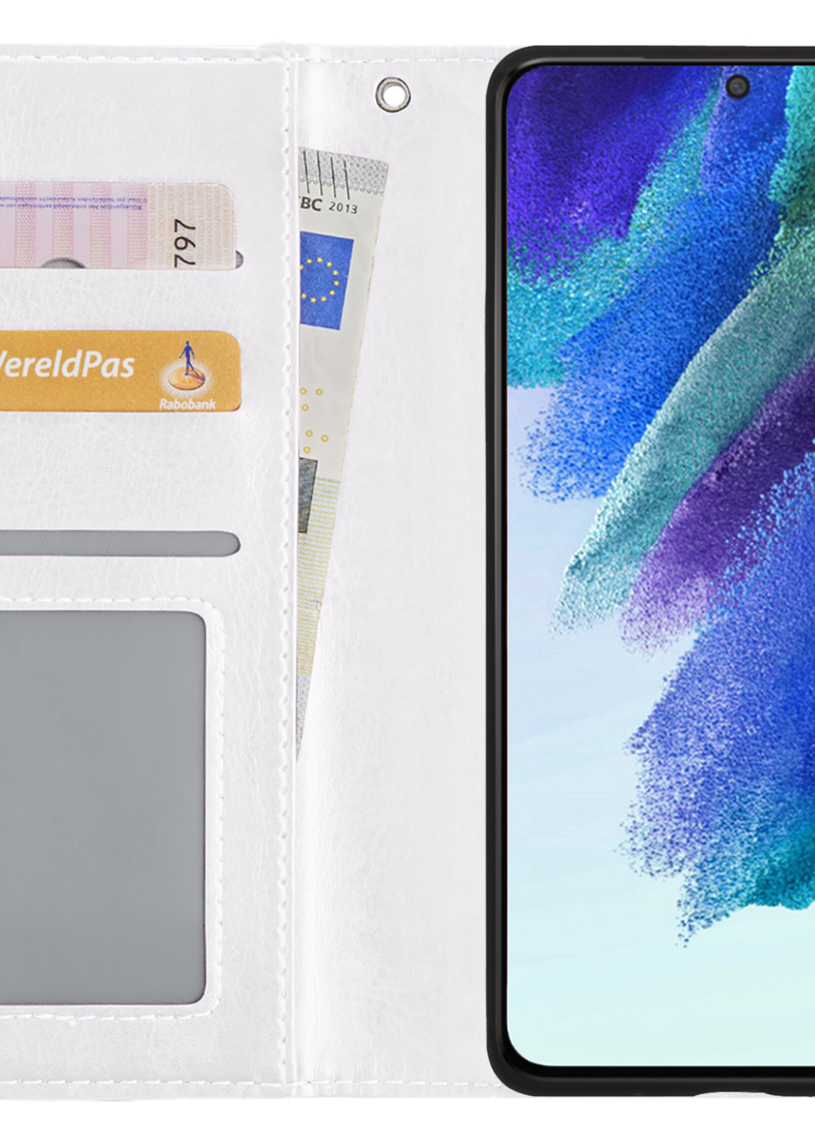 BTH Hoesje Geschikt voor Samsung S21 FE Hoesje Book Case Hoes Portemonnee Cover Walletcase Met 2x Screenprotector - Hoes Geschikt voor Samsung Galaxy S21 FE Hoes Bookcase Hoesje - Wit