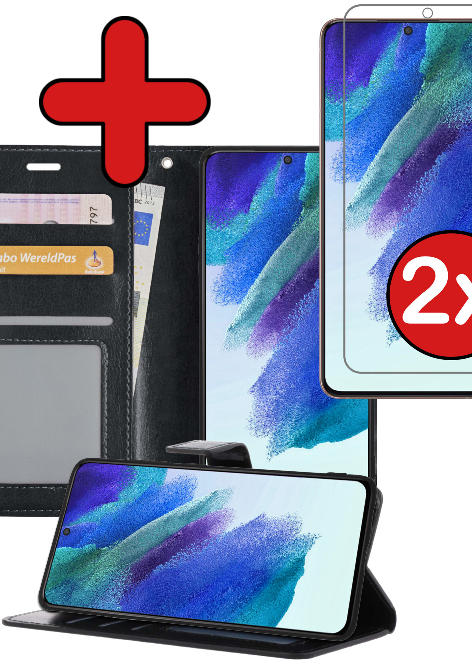 BTH Hoesje Geschikt voor Samsung S21 FE Hoesje Book Case Hoes Portemonnee Cover Walletcase Met 2x Screenprotector - Hoes Geschikt voor Samsung Galaxy S21 FE Hoes Bookcase Hoesje - Zwart