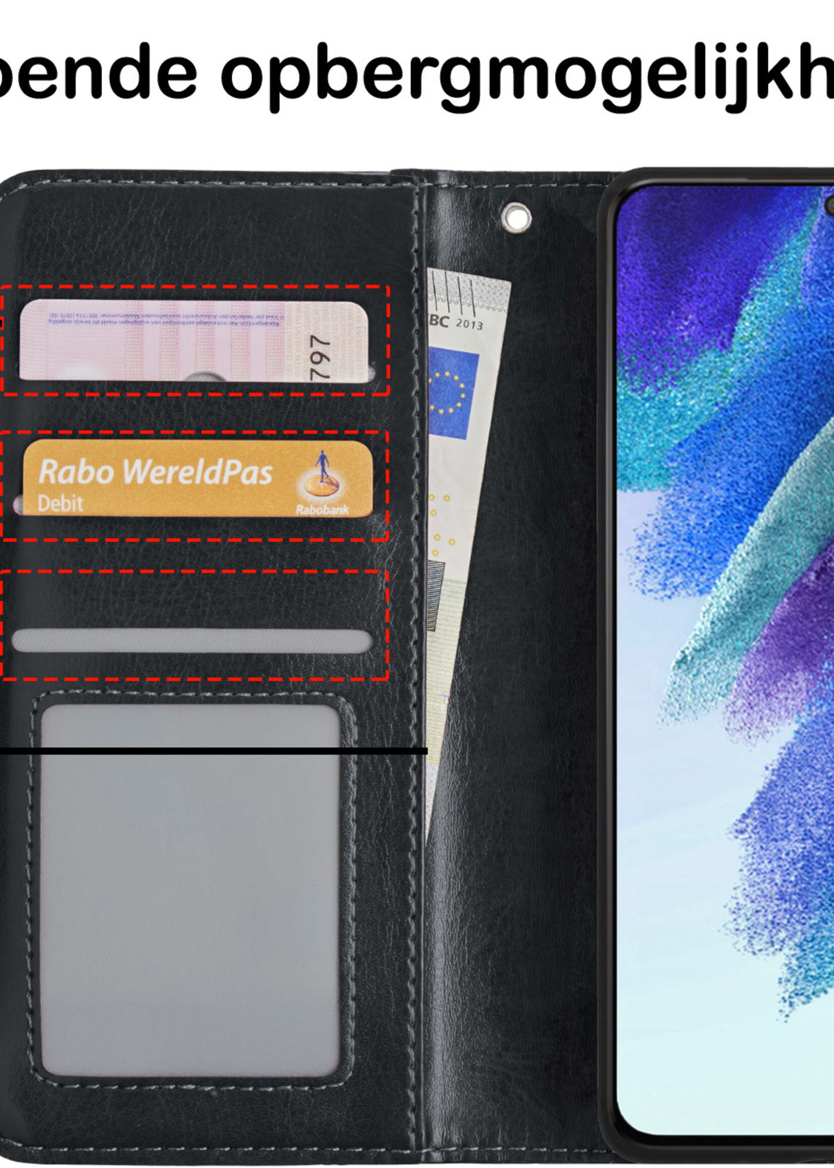 BTH Hoesje Geschikt voor Samsung S21 FE Hoesje Book Case Hoes Portemonnee Cover Walletcase Met 2x Screenprotector - Hoes Geschikt voor Samsung Galaxy S21 FE Hoes Bookcase Hoesje - Zwart