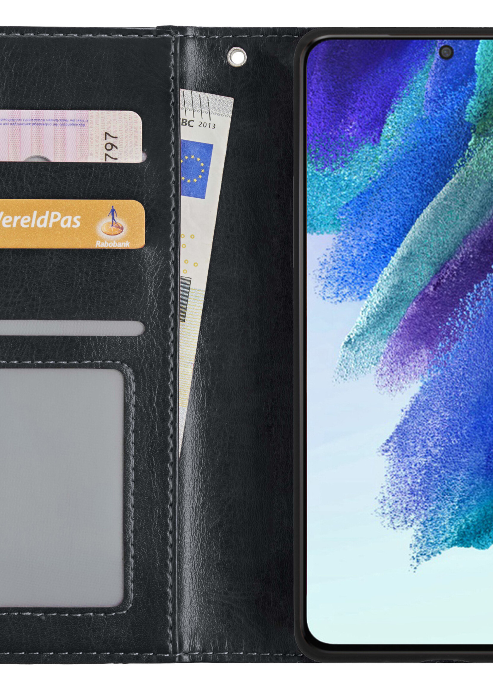 BTH Hoesje Geschikt voor Samsung S21 FE Hoesje Book Case Hoes Portemonnee Cover Walletcase Met 2x Screenprotector - Hoes Geschikt voor Samsung Galaxy S21 FE Hoes Bookcase Hoesje - Zwart