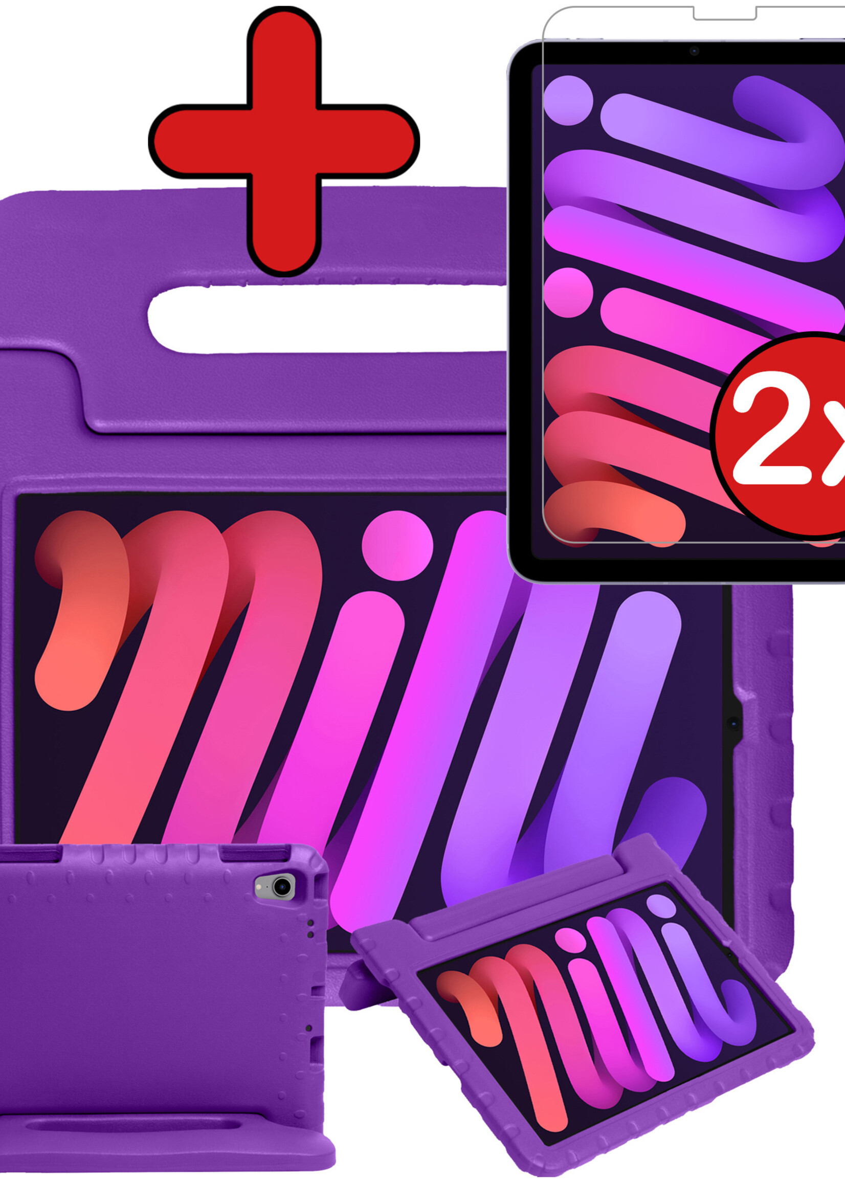 BTH Kinderhoes Geschikt voor iPad Mini 6 Hoes Kinder Hoesje Kids Case Cover Kidsproof Met 2x Screenprotector - Hoesje Geschikt voor iPad Mini 6 Hoesje Kinder Hoes - Paars