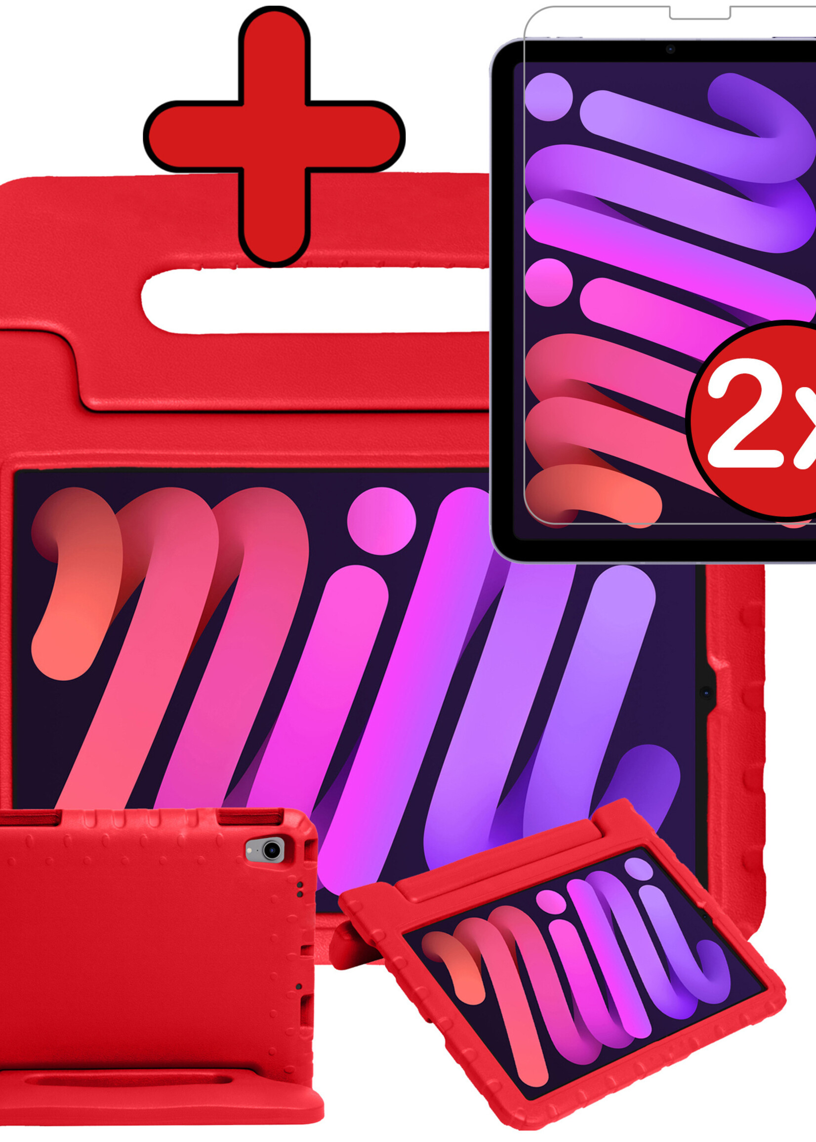 BTH Kinderhoes Geschikt voor iPad Mini 6 Hoes Kinder Hoesje Kids Case Cover Kidsproof Met 2x Screenprotector - Hoesje Geschikt voor iPad Mini 6 Hoesje Kinder Hoes - Rood