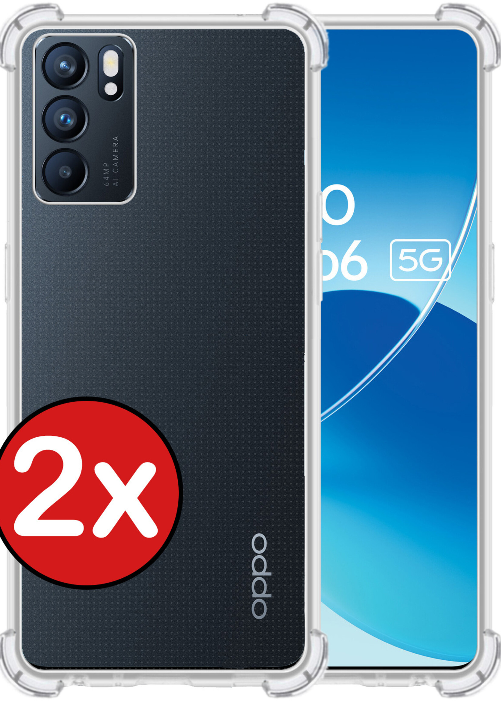 BTH Hoesje Geschikt voor OPPO Reno 6 Hoesje Siliconen Shock Proof Case Hoes - Hoes Geschikt voor OPPO Reno 6 Hoes Cover Case Shockproof - Transparant - 2 PACK