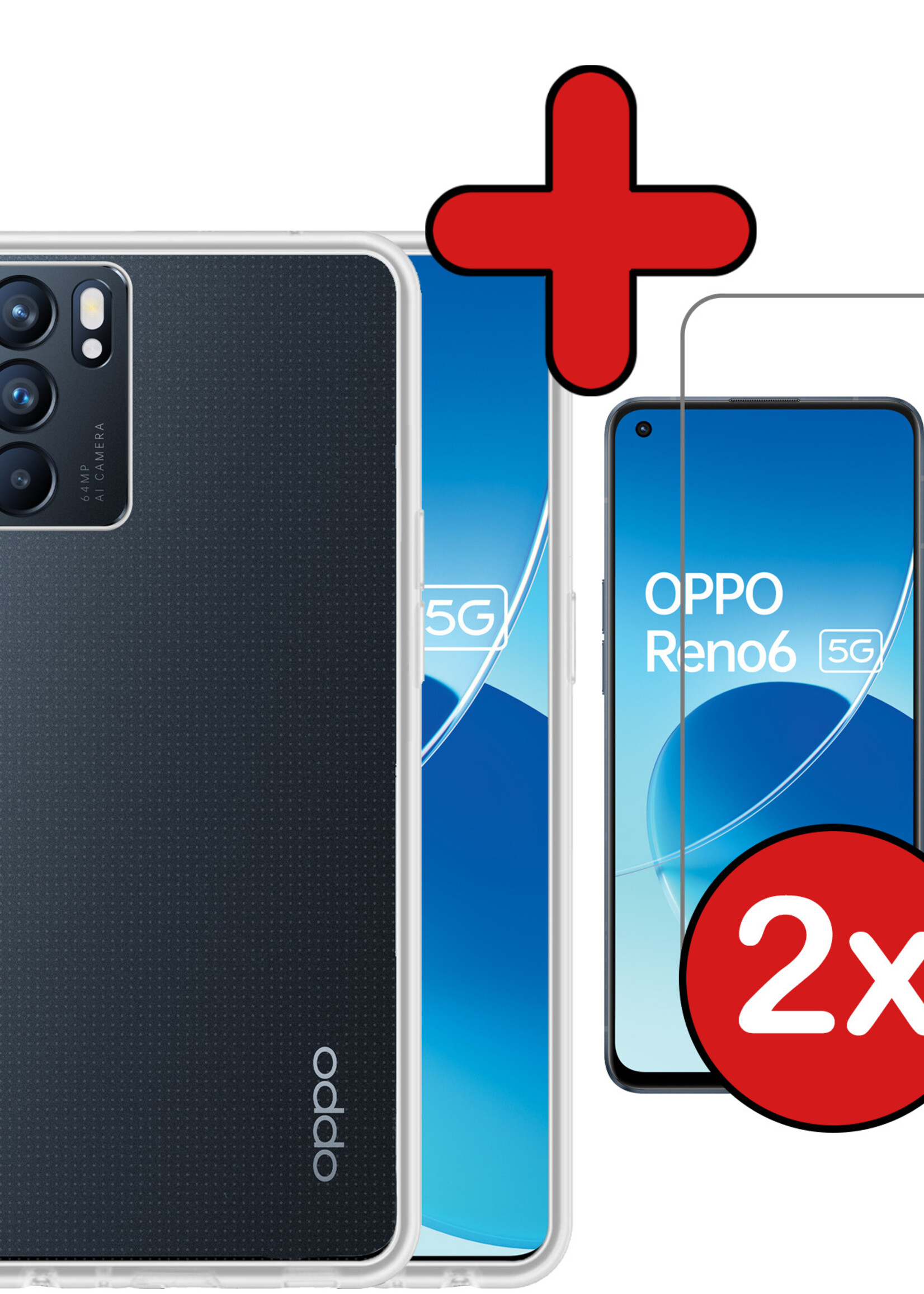 BTH Hoesje Geschikt voor OPPO Reno 6 Hoesje Siliconen Case Hoes Met 2x Screenprotector - Hoes Geschikt voor OPPO Reno 6 Hoes Cover Case - Transparant