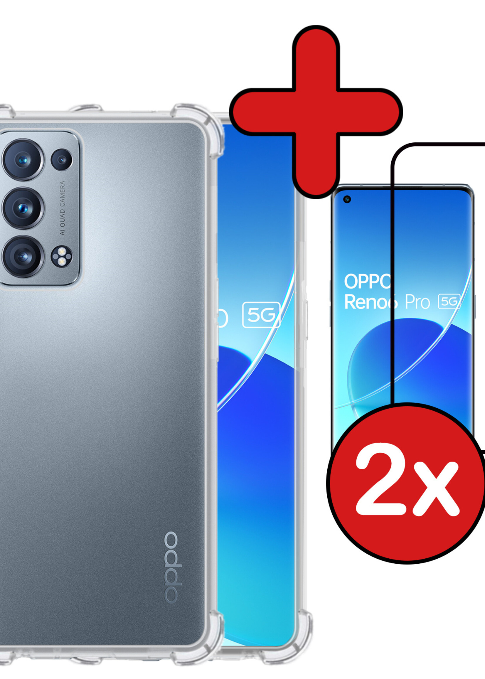BTH Hoesje Geschikt voor OPPO Reno 6 Pro Hoesje Siliconen Shock Proof Case Hoes Met 2x Screenprotector - Hoes Geschikt voor OPPO Reno 6 Pro Hoes Cover Case Shockproof - Transparant