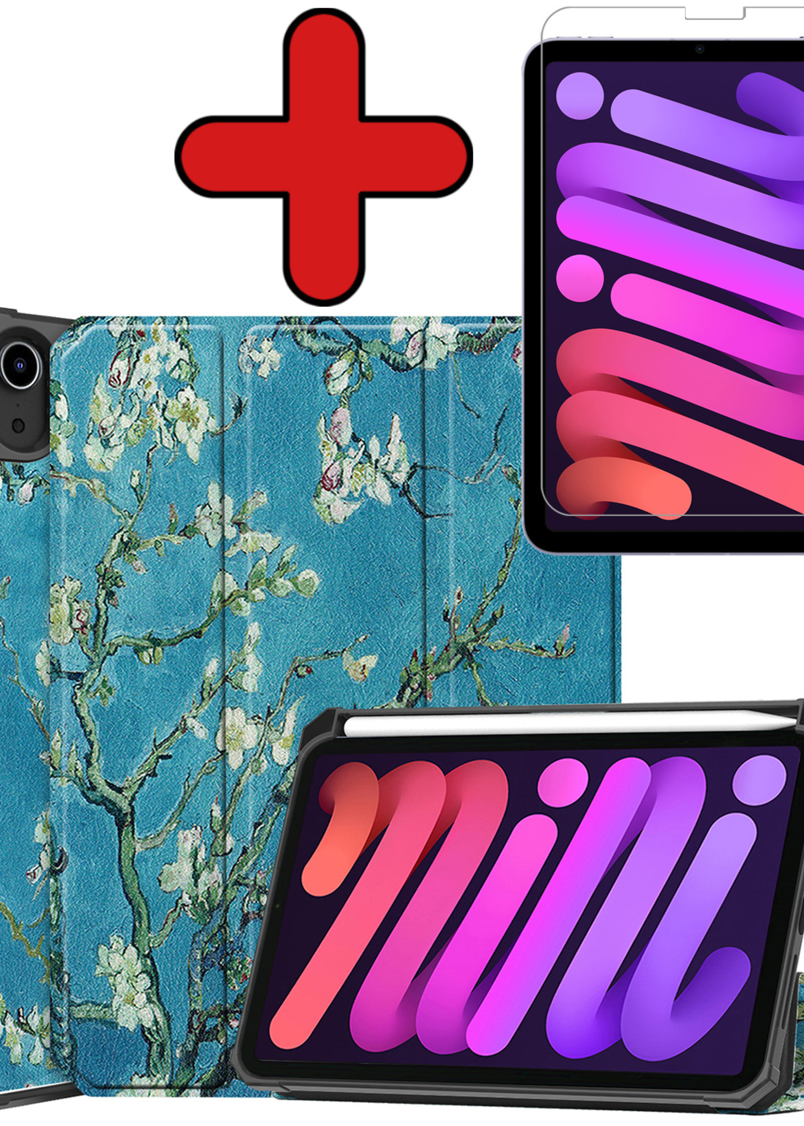 BTH Hoes Geschikt voor iPad Mini 6 Hoes Book Case Hoesje Trifold Cover Met Uitsparing Geschikt voor Apple Pencil Met Screenprotector - Hoesje Geschikt voor iPad Mini 6 Hoesje Bookcase - Bloesem