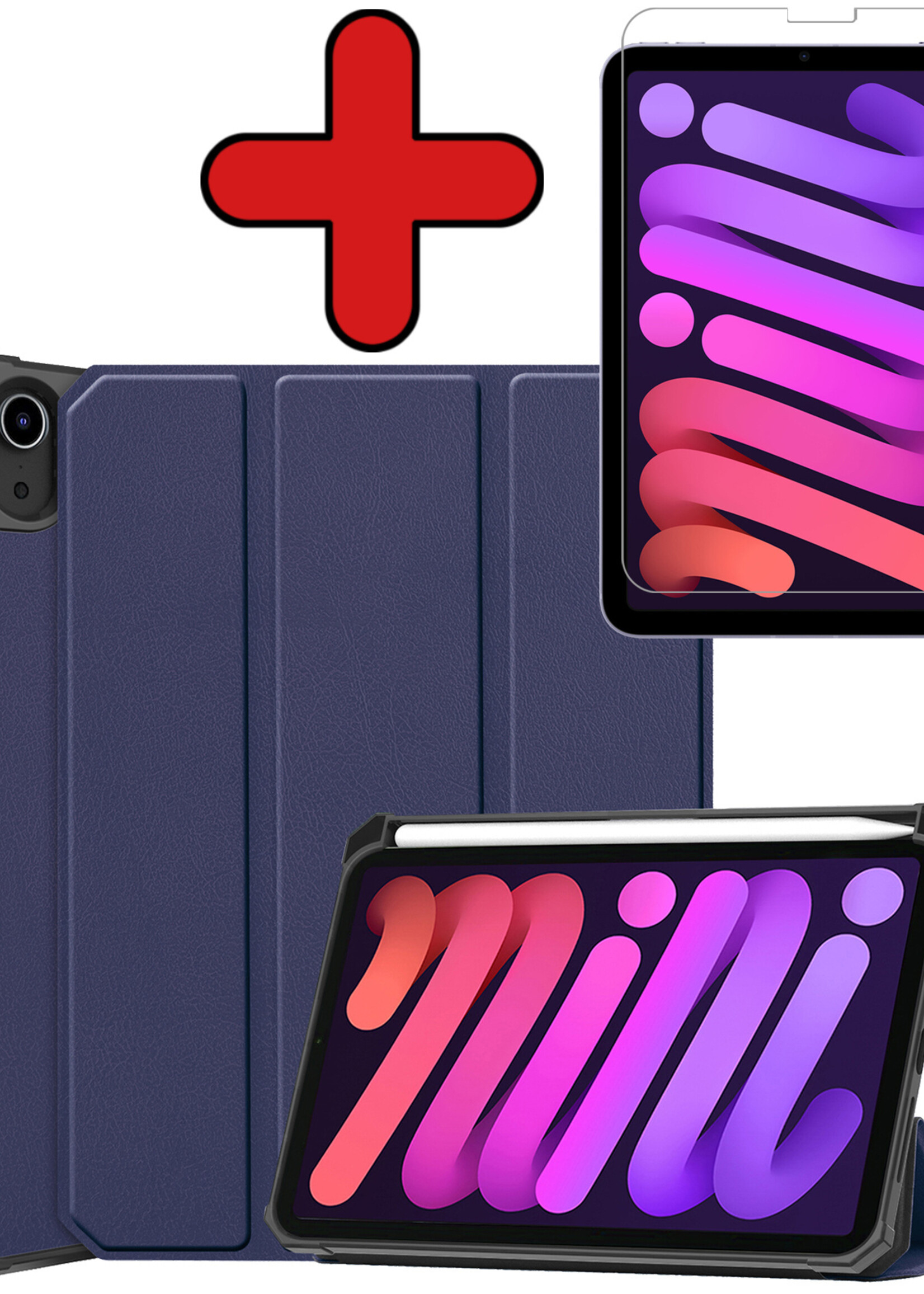 BTH Hoes Geschikt voor iPad Mini 6 Hoes Book Case Hoesje Trifold Cover Met Uitsparing Geschikt voor Apple Pencil Met Screenprotector - Hoesje Geschikt voor iPad Mini 6 Hoesje Bookcase - Donkerblauw