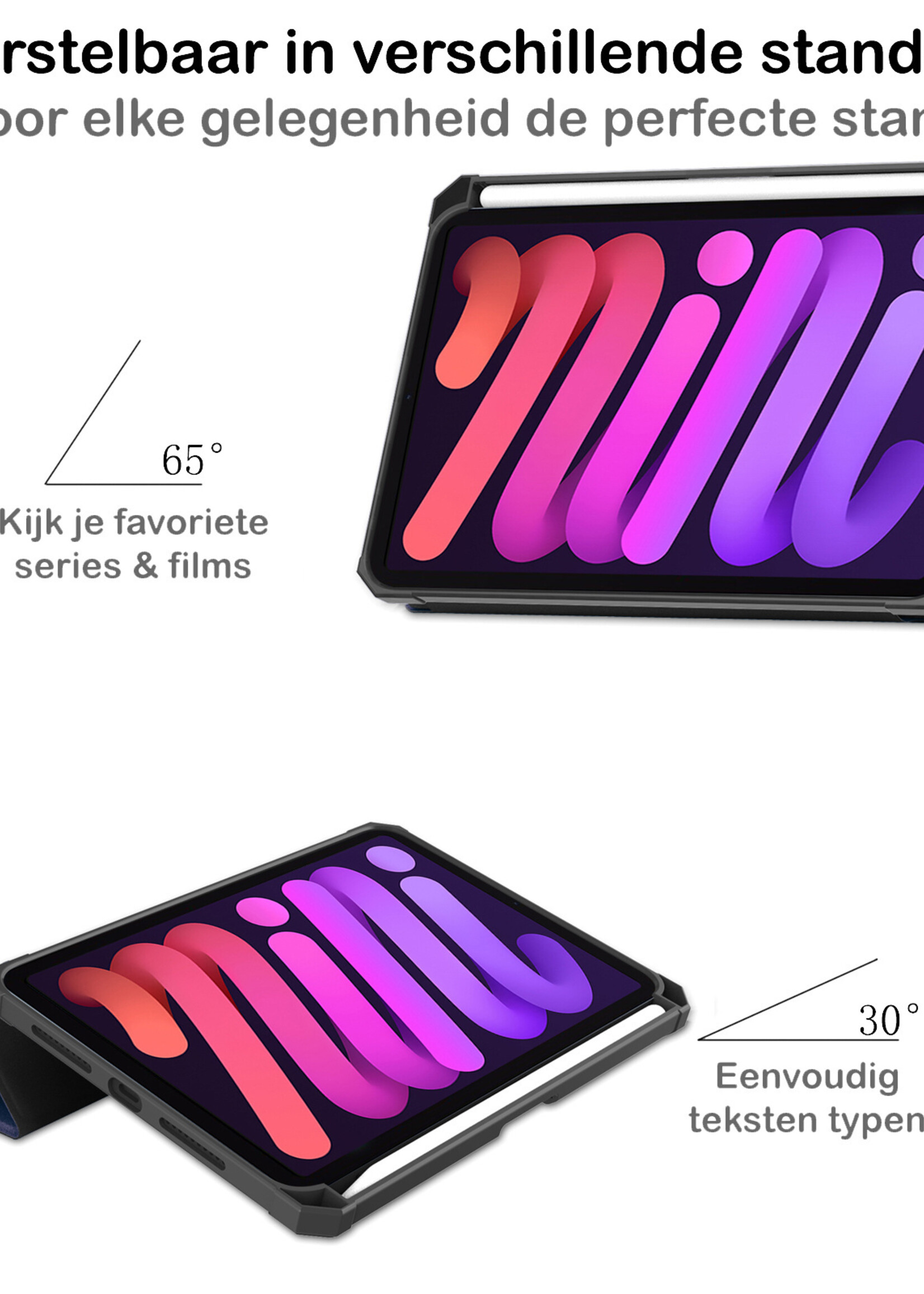 BTH Hoes Geschikt voor iPad Mini 6 Hoes Book Case Hoesje Trifold Cover Met Uitsparing Geschikt voor Apple Pencil Met Screenprotector - Hoesje Geschikt voor iPad Mini 6 Hoesje Bookcase - Donkerblauw