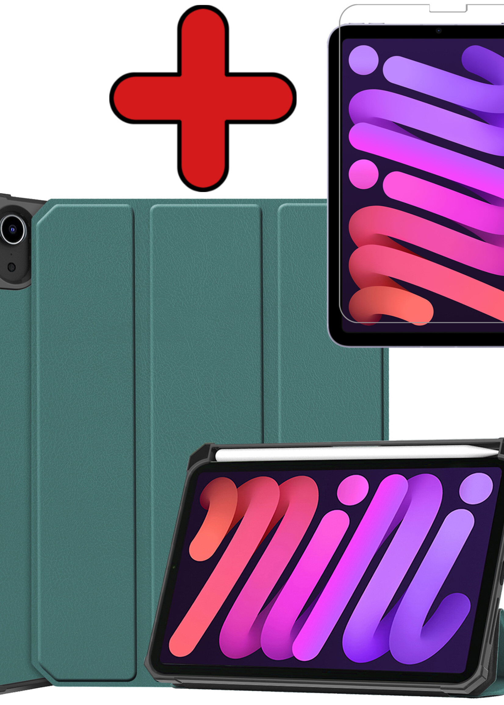 BTH Hoes Geschikt voor iPad Mini 6 Hoes Book Case Hoesje Trifold Cover Met Uitsparing Geschikt voor Apple Pencil Met Screenprotector - Hoesje Geschikt voor iPad Mini 6 Hoesje Bookcase - Donkergroen