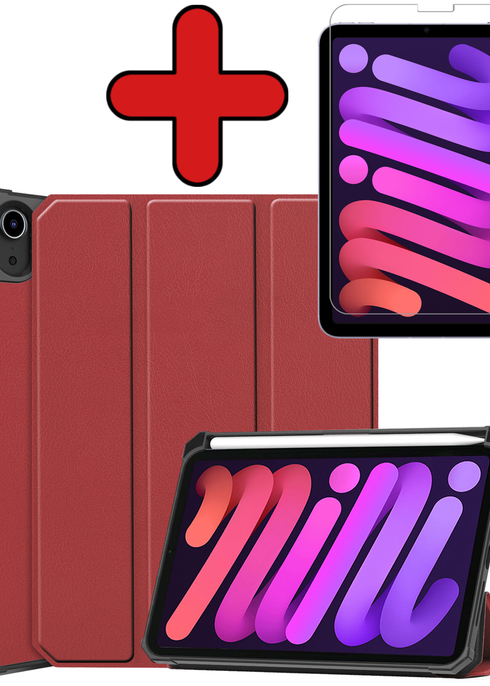 BTH Hoes Geschikt voor iPad Mini 6 Hoes Book Case Hoesje Trifold Cover Met Uitsparing Geschikt voor Apple Pencil Met Screenprotector - Hoesje Geschikt voor iPad Mini 6 Hoesje Bookcase - Donkerrood