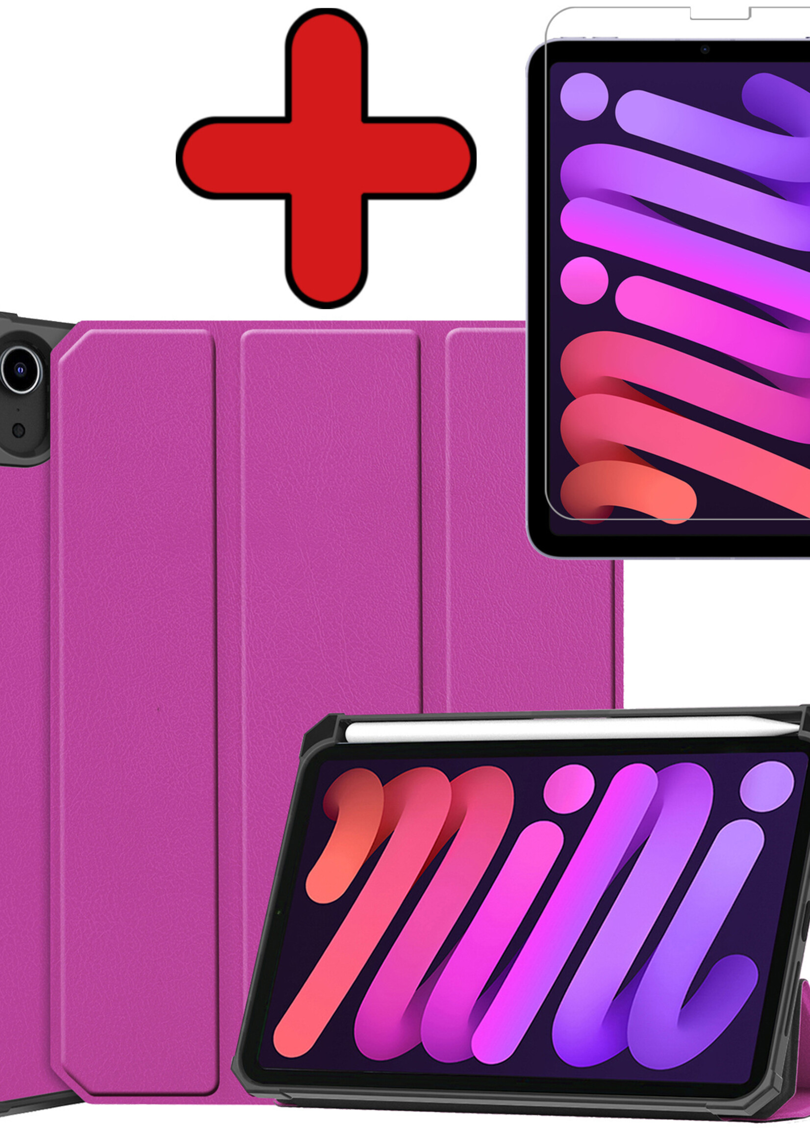 BTH Hoes Geschikt voor iPad Mini 6 Hoes Book Case Hoesje Trifold Cover Met Uitsparing Geschikt voor Apple Pencil Met Screenprotector - Hoesje Geschikt voor iPad Mini 6 Hoesje Bookcase - Paars