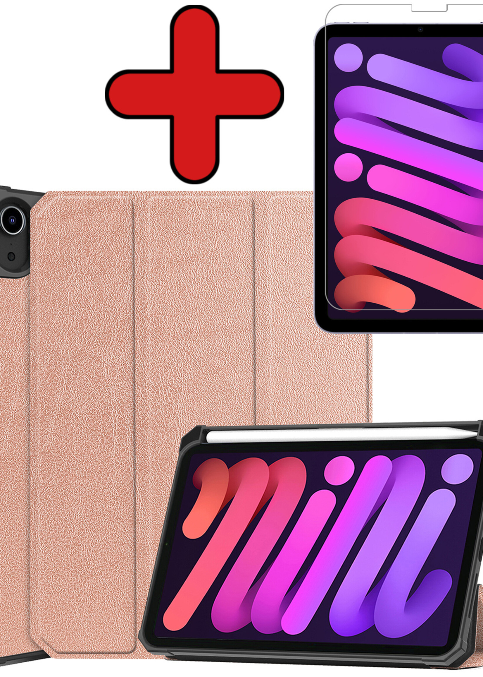 BTH Hoes Geschikt voor iPad Mini 6 Hoes Book Case Hoesje Trifold Cover Met Uitsparing Geschikt voor Apple Pencil Met Screenprotector - Hoesje Geschikt voor iPad Mini 6 Hoesje Bookcase - Rosé goud