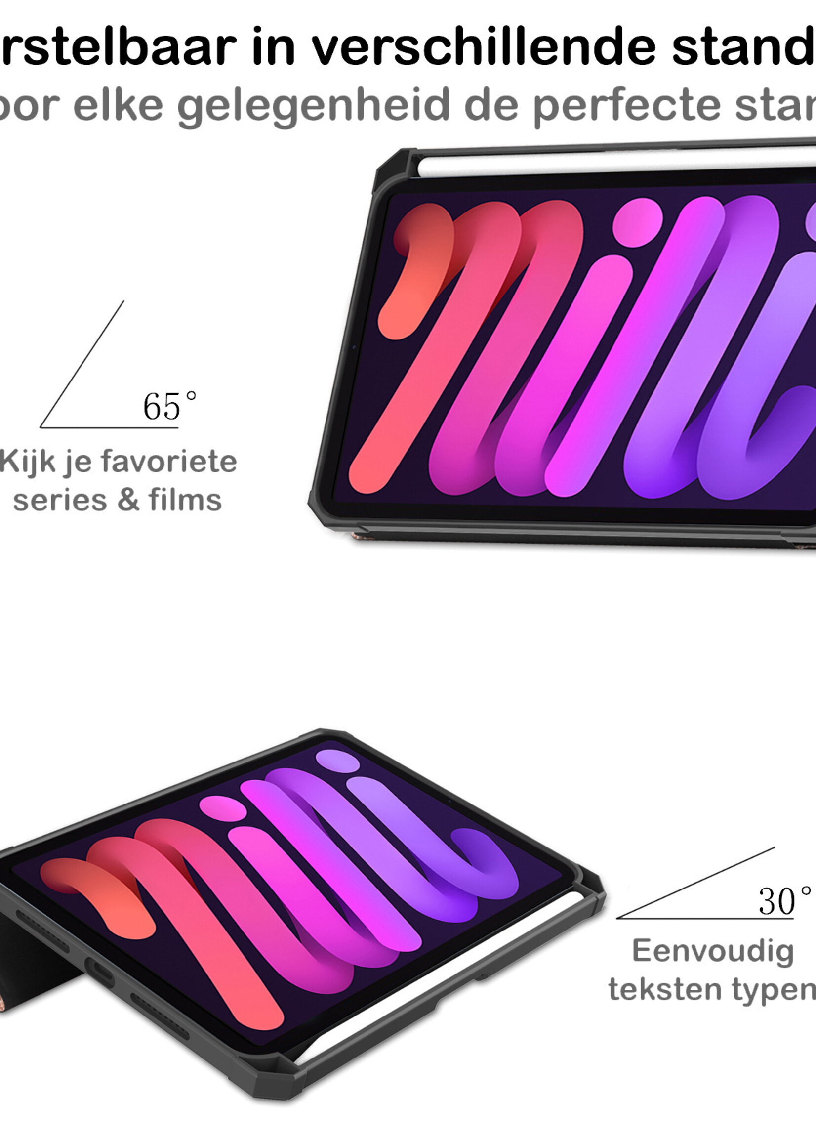 BTH Hoes Geschikt voor iPad Mini 6 Hoes Book Case Hoesje Trifold Cover Met Uitsparing Geschikt voor Apple Pencil Met Screenprotector - Hoesje Geschikt voor iPad Mini 6 Hoesje Bookcase - Rosé goud