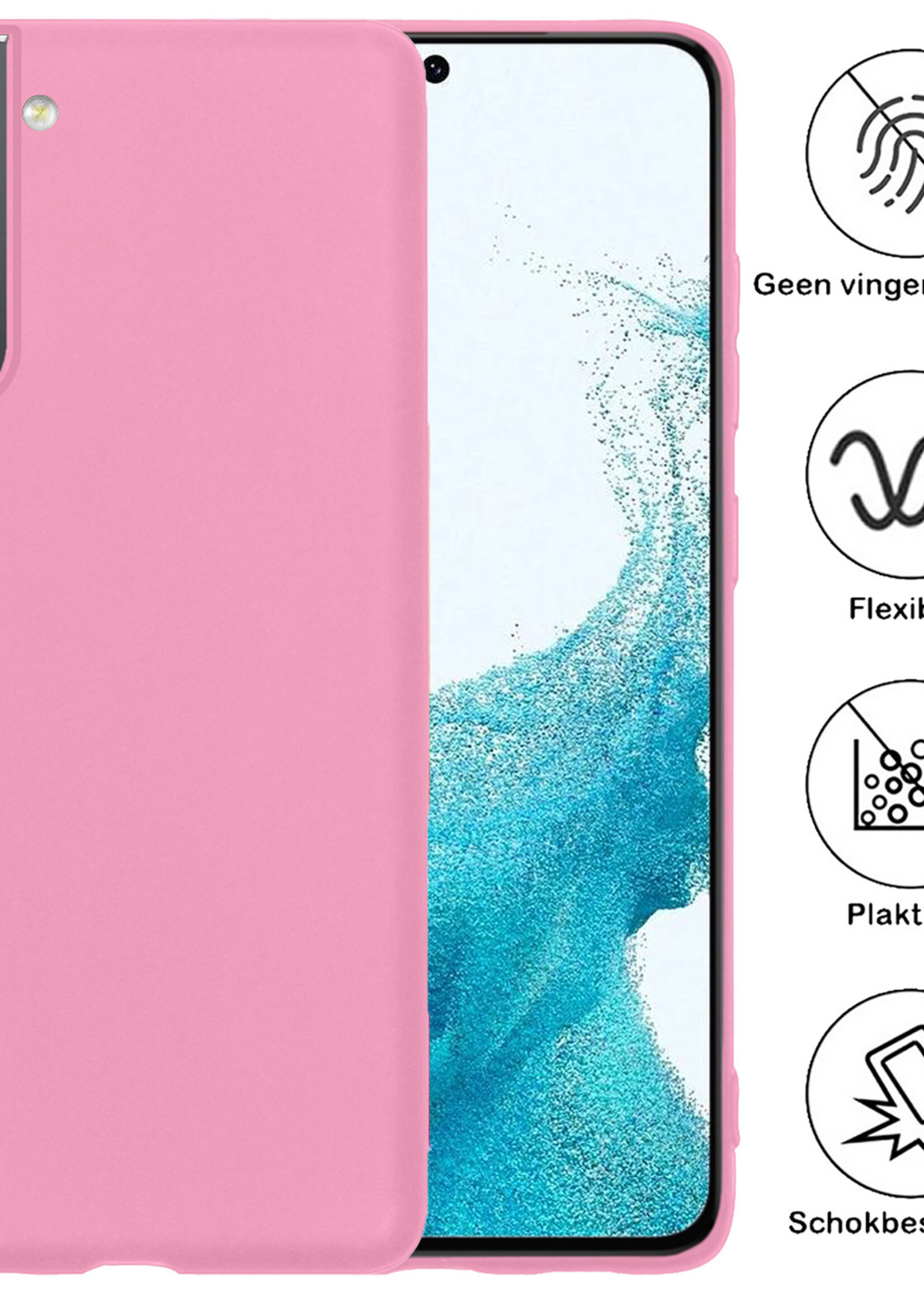 BTH Hoesje Geschikt voor Samsung S22 Hoesje Siliconen Case Hoes Met Screenprotector - Hoes Geschikt voor Samsung Galaxy S22 Hoes Cover Case - Lichtroze