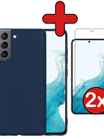 BTH BTH Samsung Galaxy S22 Hoesje Siliconen Met 2x Screenprotector - Donkerblauw