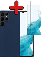 BTH BTH Samsung Galaxy S22 Ultra Hoesje Siliconen Met Screenprotector - Donkerblauw