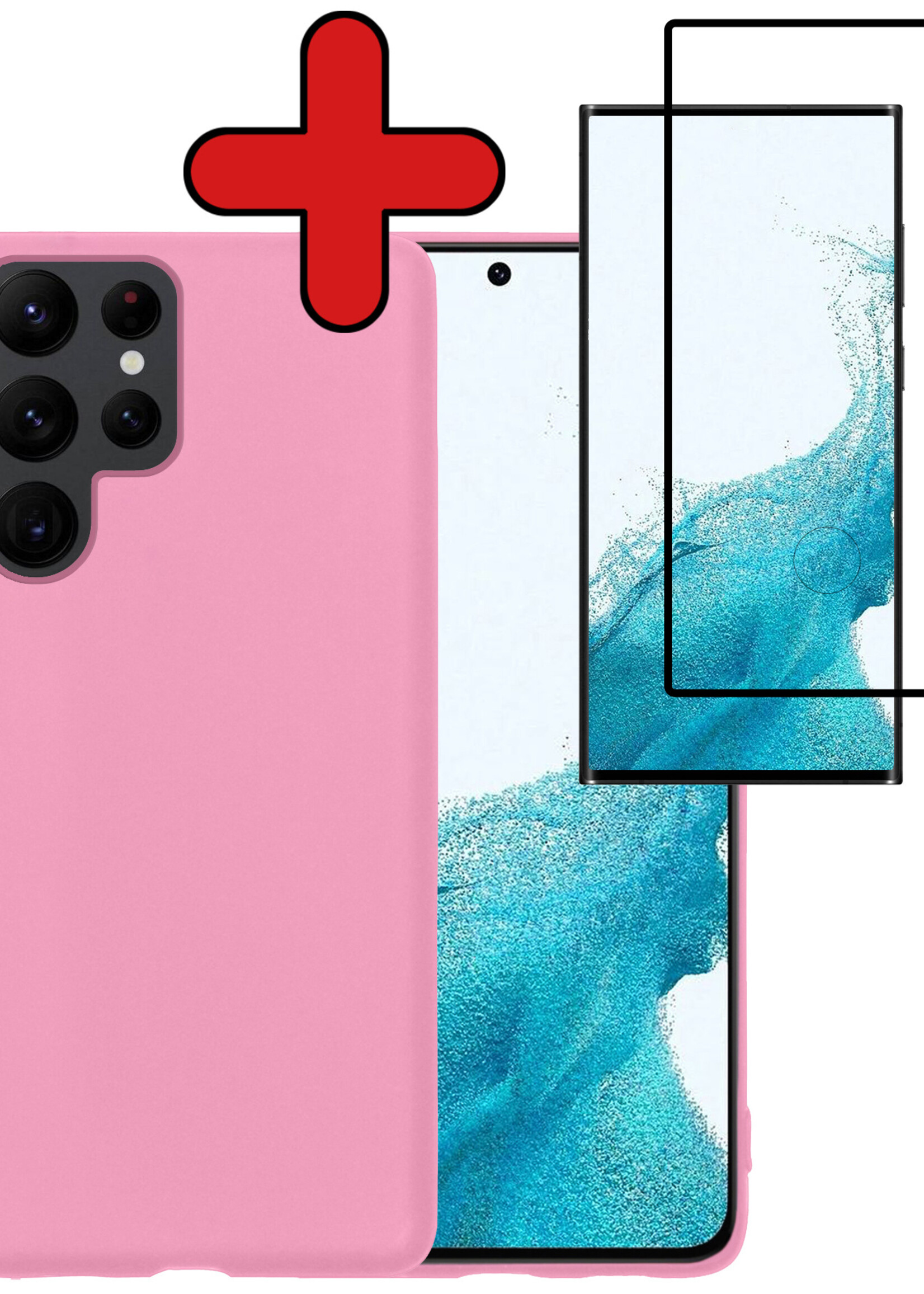 BTH Hoesje Geschikt voor Samsung S22 Ultra Hoesje Siliconen Case Hoes Met Screenprotector - Hoes Geschikt voor Samsung Galaxy S22 Ultra Hoes Cover Case - Lichtroze