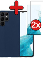 BTH BTH Samsung Galaxy S22 Ultra Hoesje Siliconen Met 2x Screenprotector - Donkerblauw