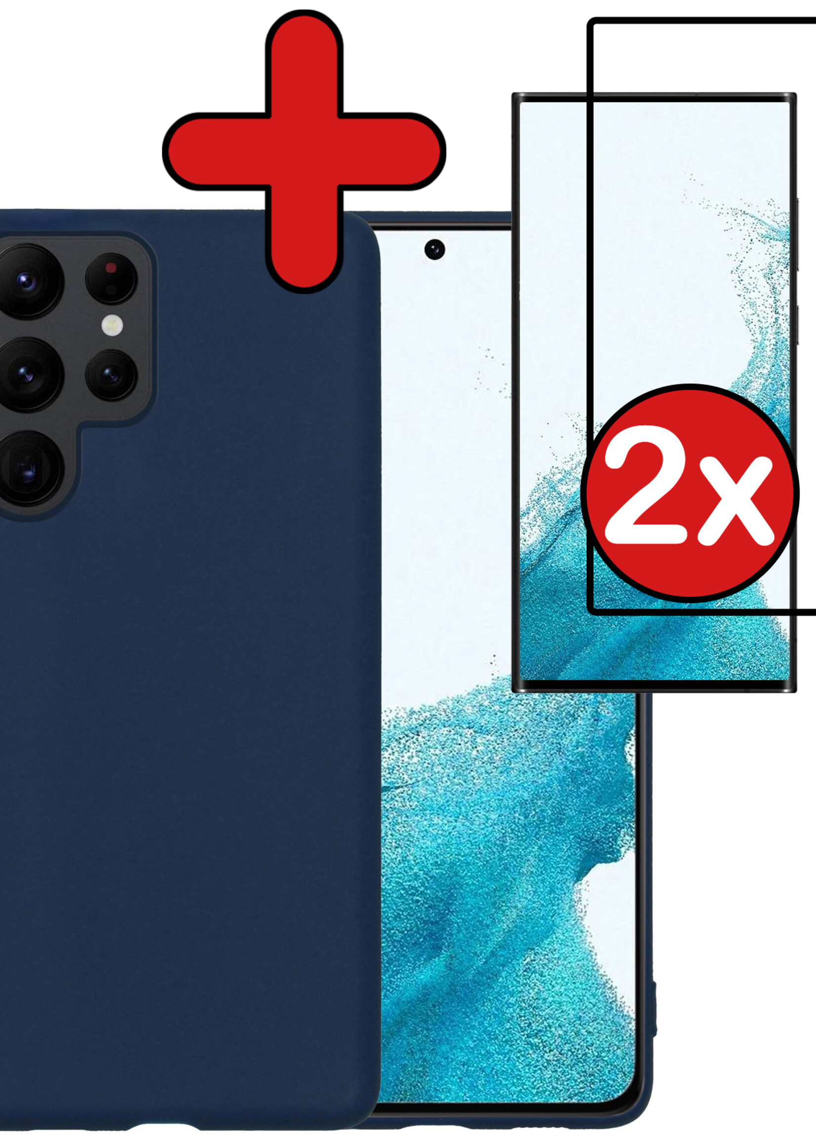 BTH Hoesje Geschikt voor Samsung S22 Ultra Hoesje Siliconen Case Hoes Met 2x Screenprotector - Hoes Geschikt voor Samsung Galaxy S22 Ultra Hoes Cover Case - Donkerblauw