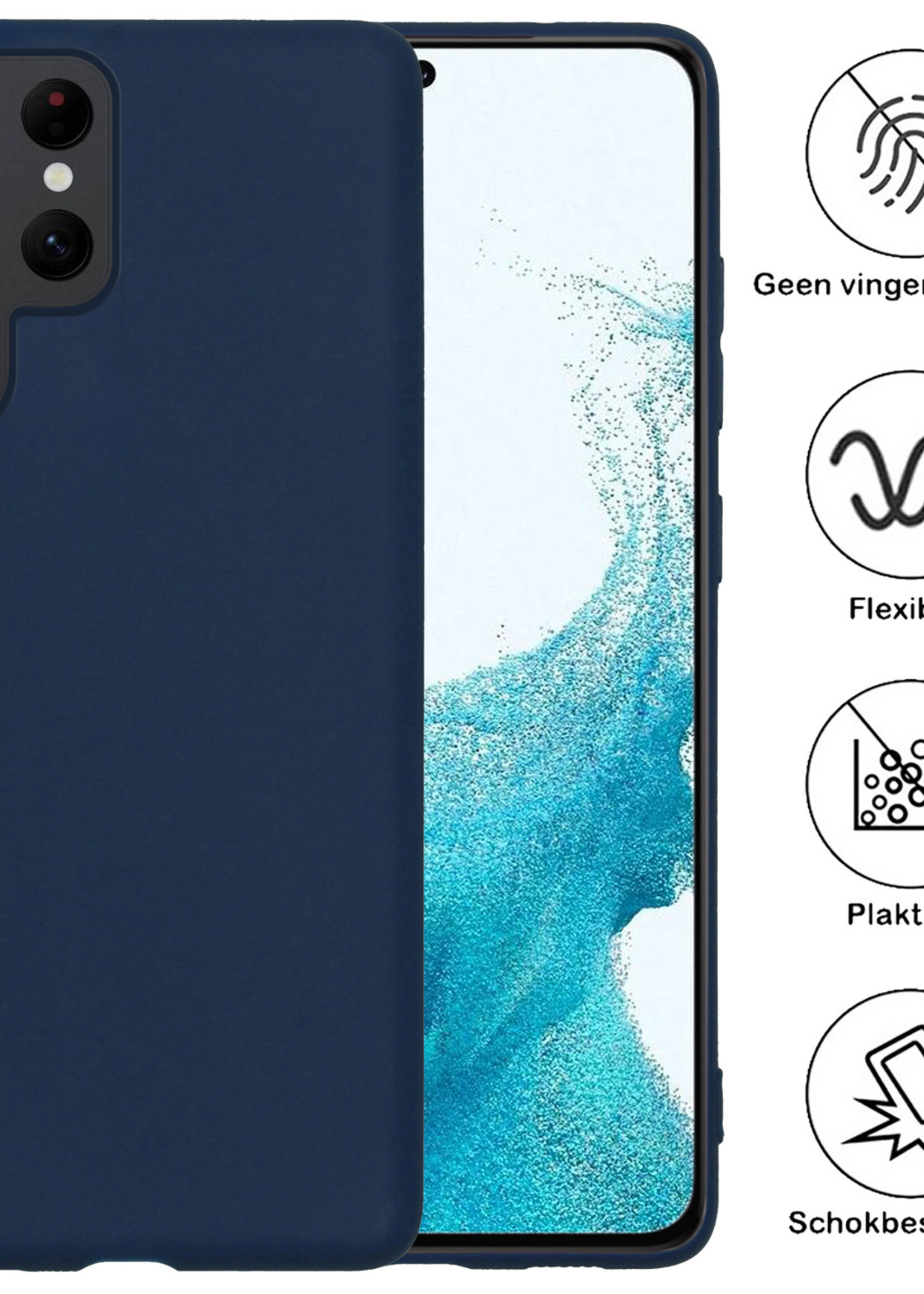 BTH Hoesje Geschikt voor Samsung S22 Ultra Hoesje Siliconen Case Hoes Met 2x Screenprotector - Hoes Geschikt voor Samsung Galaxy S22 Ultra Hoes Cover Case - Donkerblauw