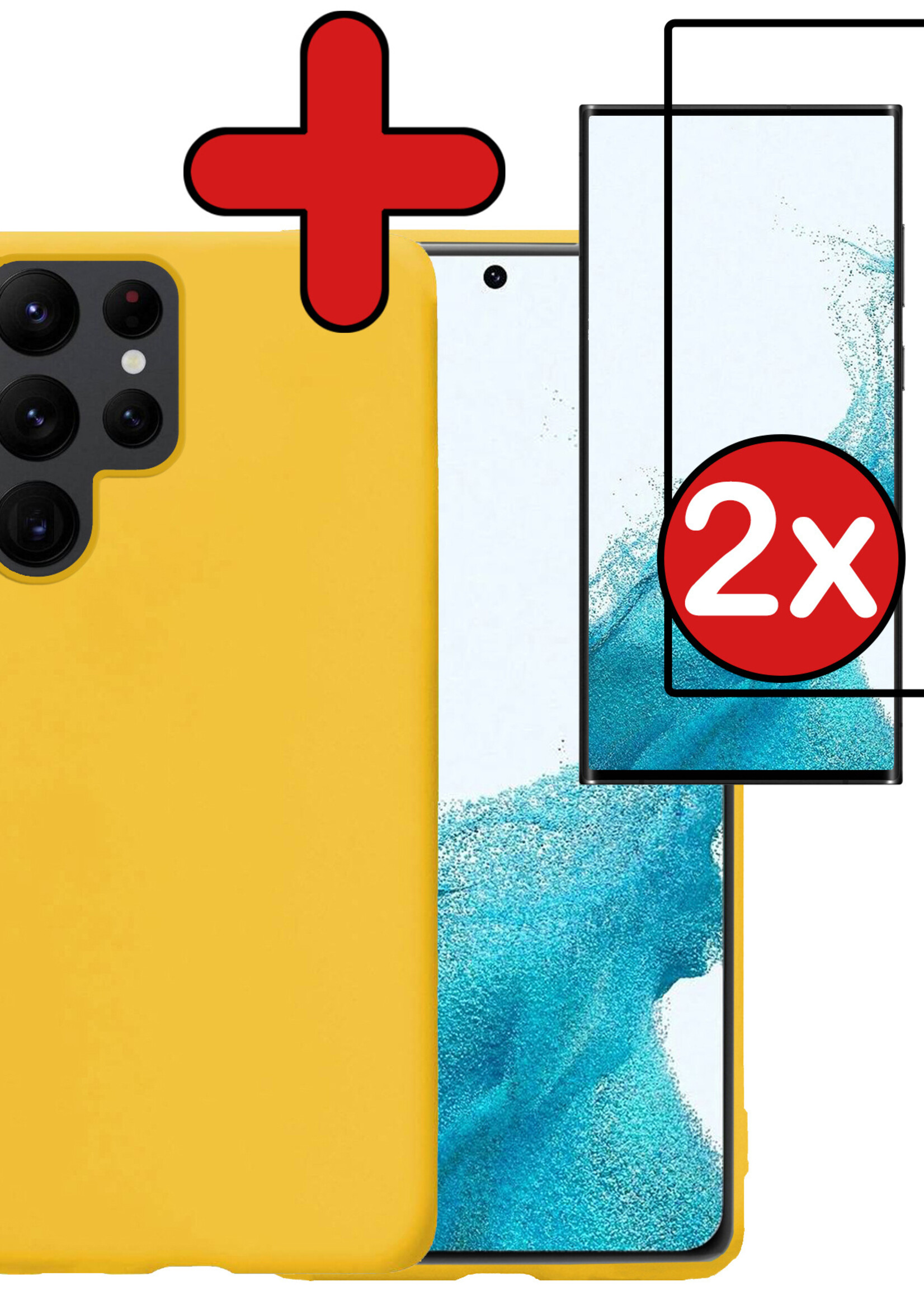 BTH Hoesje Geschikt voor Samsung S22 Ultra Hoesje Siliconen Case Hoes Met 2x Screenprotector - Hoes Geschikt voor Samsung Galaxy S22 Ultra Hoes Cover Case - Geel