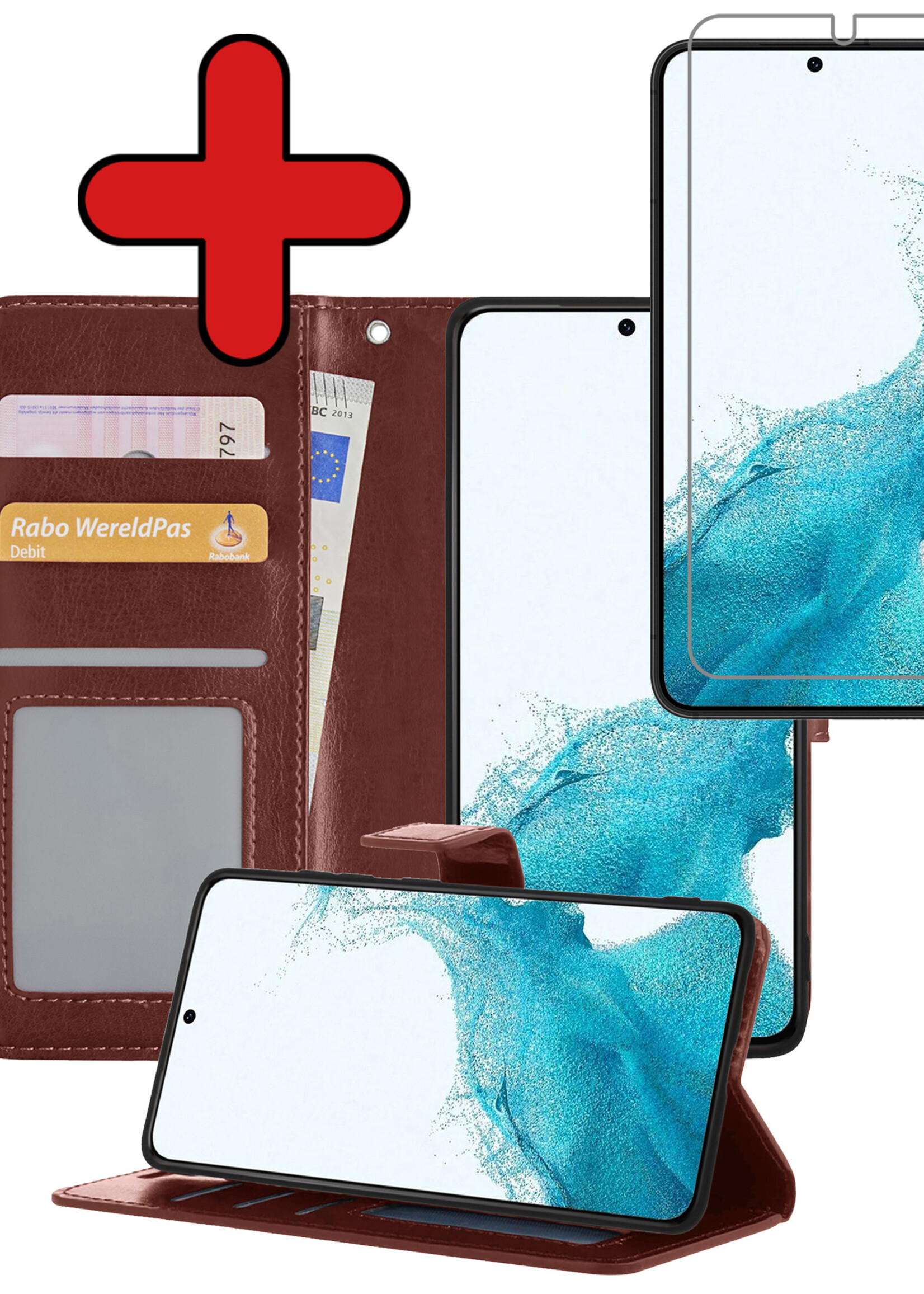 BTH Hoesje Geschikt voor Samsung S22 Hoesje Book Case Hoes Portemonnee Cover Walletcase Met Screenprotector - Hoes Geschikt voor Samsung Galaxy S22 Hoes Bookcase Hoesje - Bruin