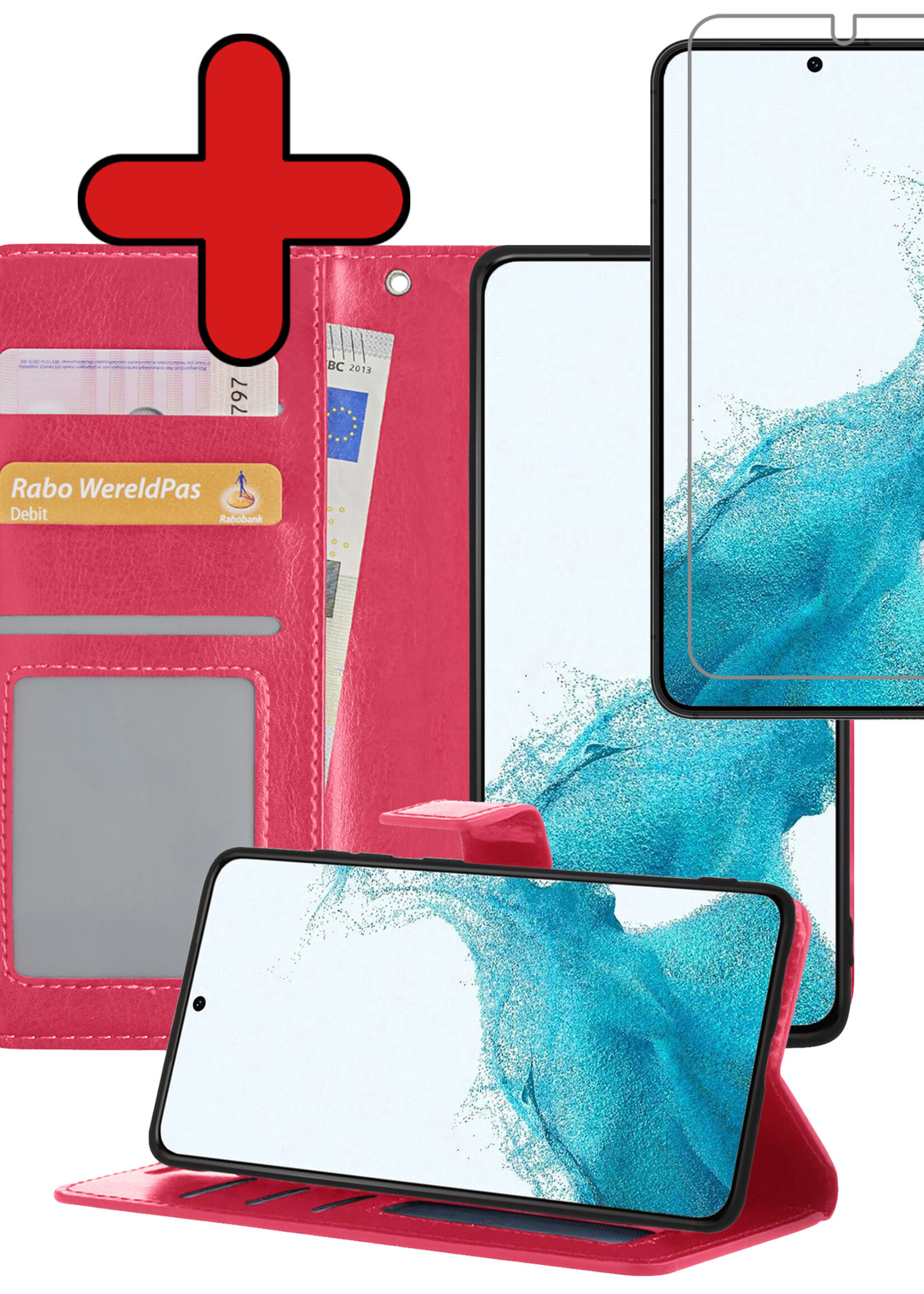 BTH Hoesje Geschikt voor Samsung S22 Hoesje Book Case Hoes Portemonnee Cover Walletcase Met Screenprotector - Hoes Geschikt voor Samsung Galaxy S22 Hoes Bookcase Hoesje - Donkerroze