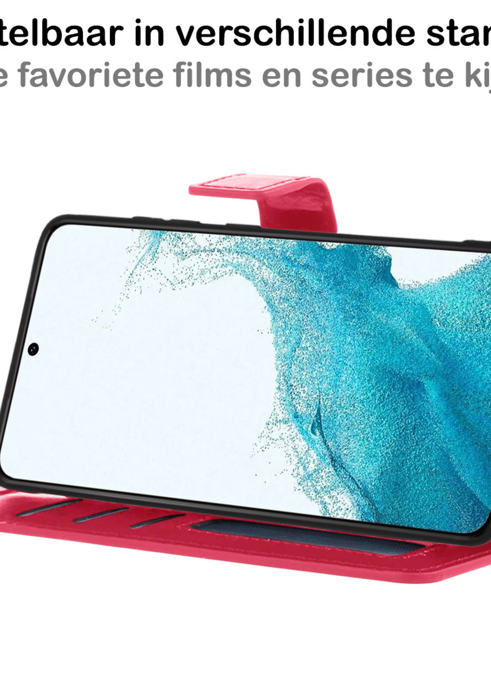 BTH Hoesje Geschikt voor Samsung S22 Hoesje Book Case Hoes Portemonnee Cover Walletcase Met Screenprotector - Hoes Geschikt voor Samsung Galaxy S22 Hoes Bookcase Hoesje - Donkerroze