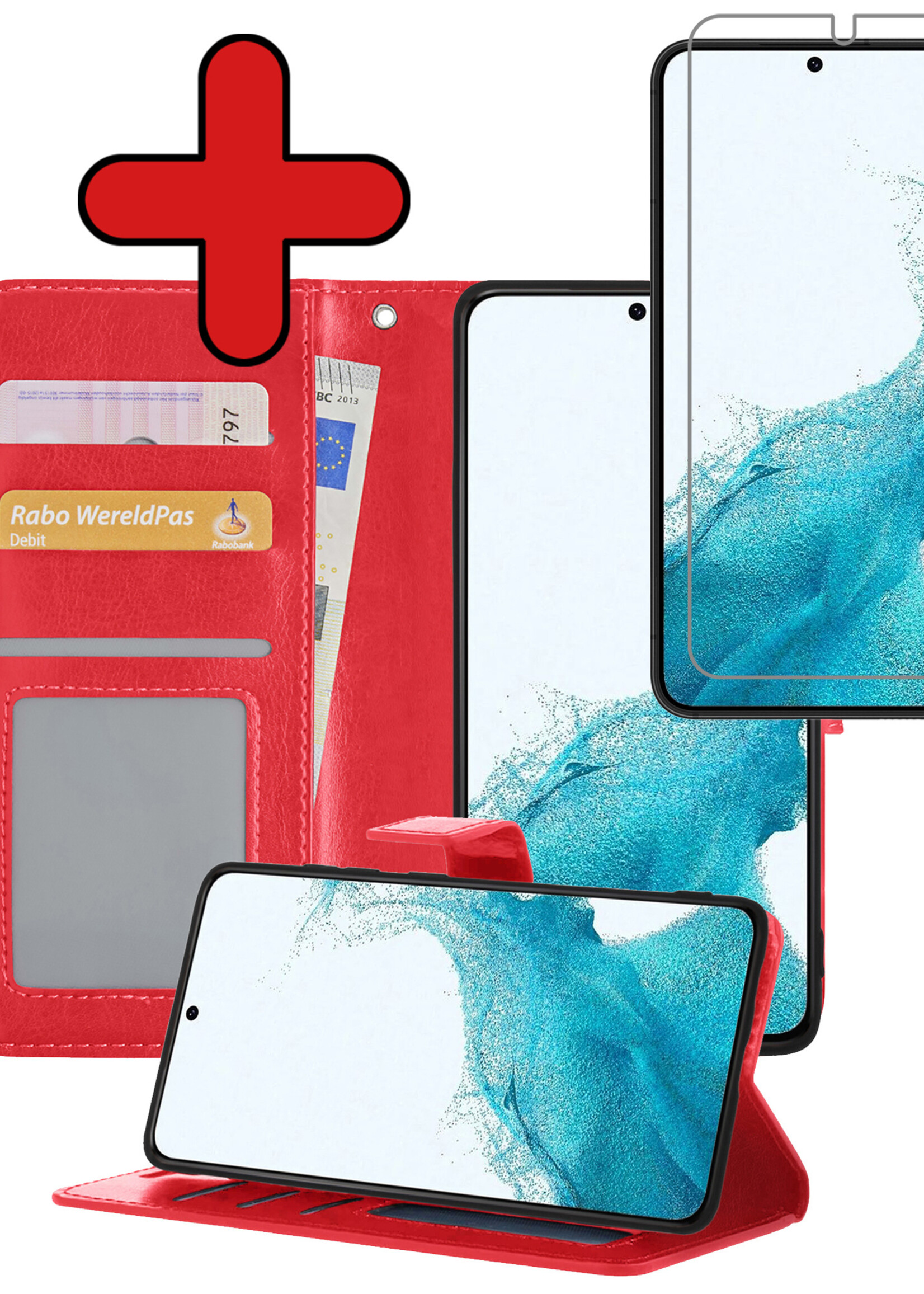 BTH Hoesje Geschikt voor Samsung S22 Hoesje Book Case Hoes Portemonnee Cover Walletcase Met Screenprotector - Hoes Geschikt voor Samsung Galaxy S22 Hoes Bookcase Hoesje - Rood