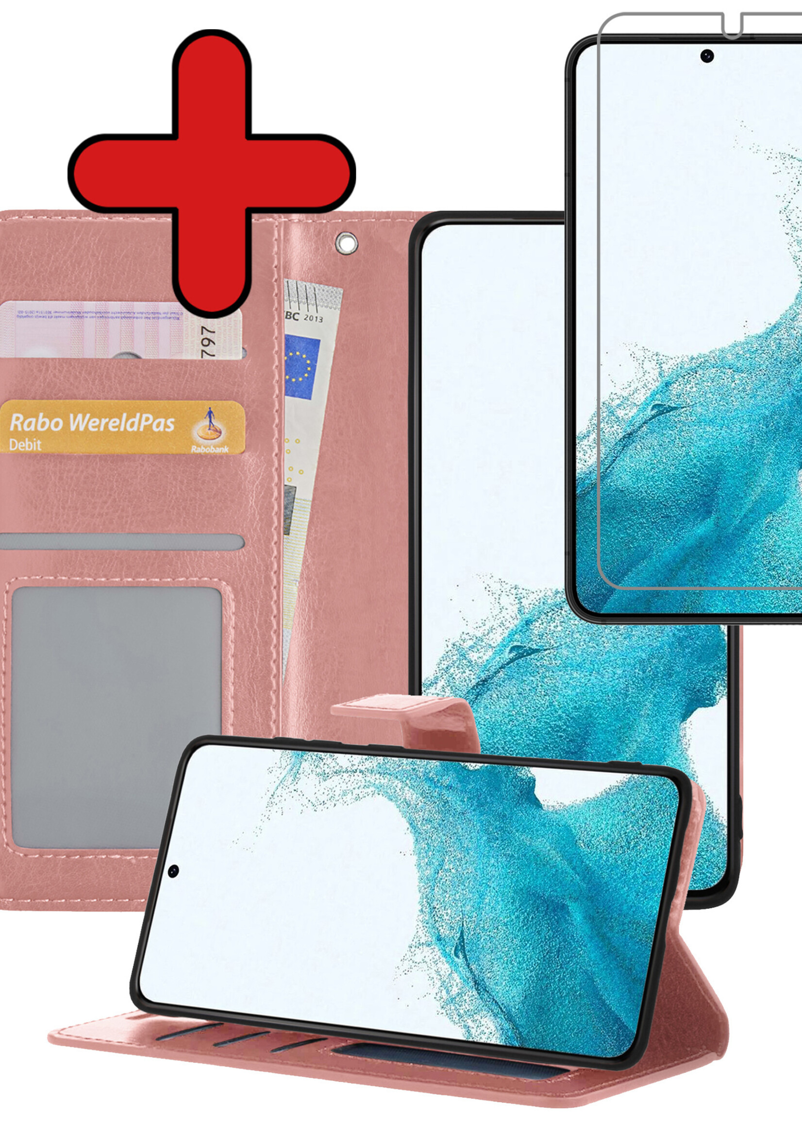 BTH Hoesje Geschikt voor Samsung S22 Hoesje Book Case Hoes Portemonnee Cover Walletcase Met Screenprotector - Hoes Geschikt voor Samsung Galaxy S22 Hoes Bookcase Hoesje - Rosé goud