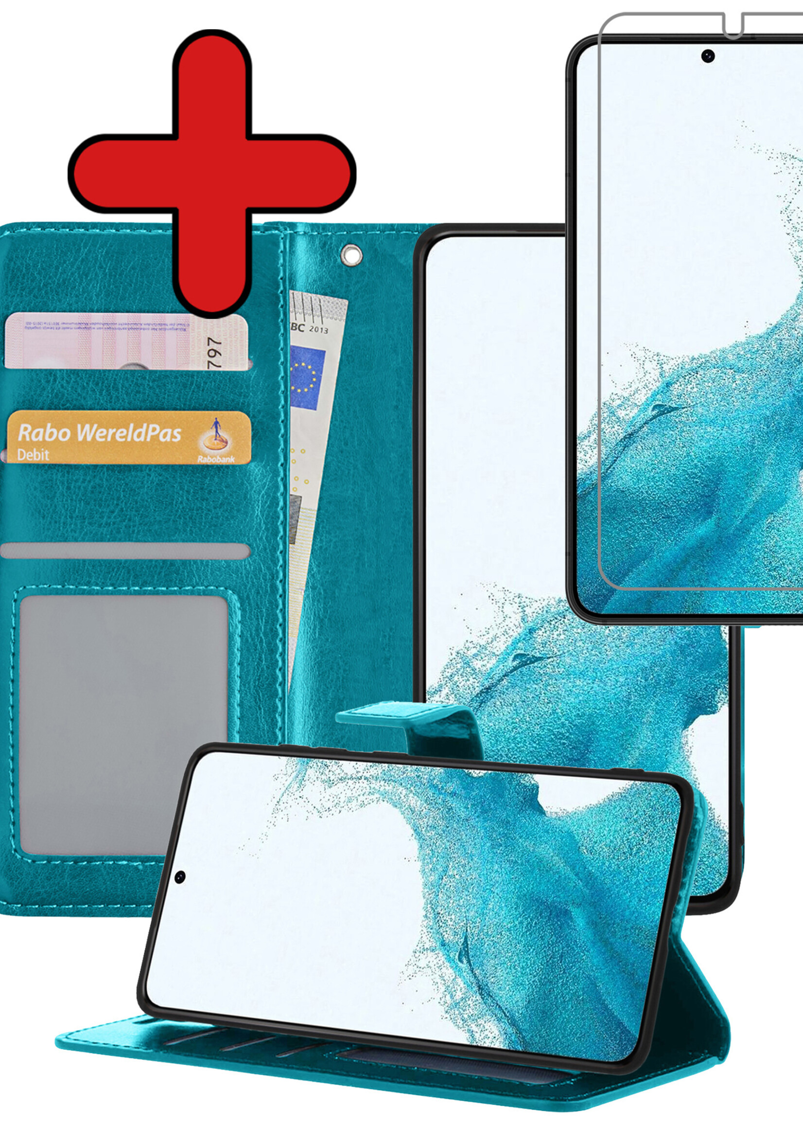 BTH Hoesje Geschikt voor Samsung S22 Hoesje Book Case Hoes Portemonnee Cover Walletcase Met Screenprotector - Hoes Geschikt voor Samsung Galaxy S22 Hoes Bookcase Hoesje - Turquoise